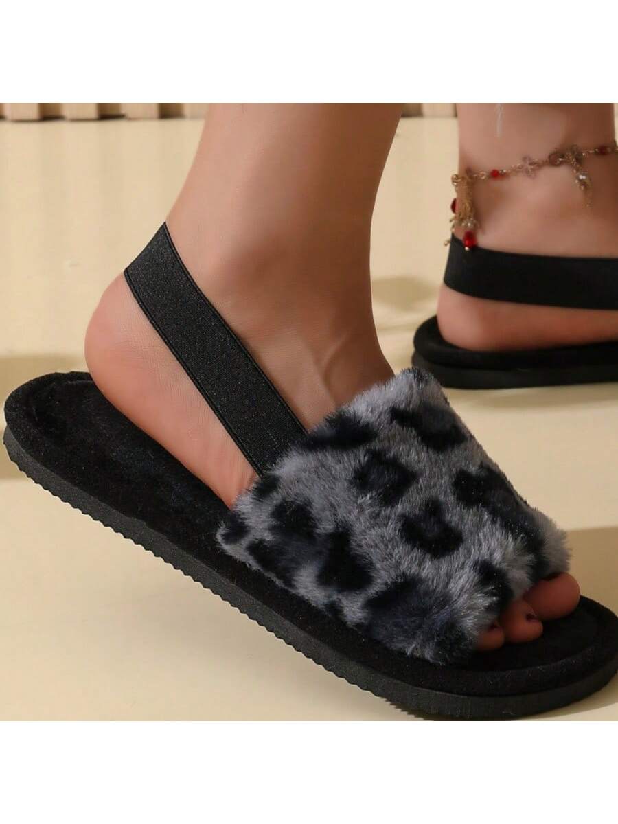 Leopard Print Fuzzy Flat Slippers, Open Toe Elastic Strap Slip On Shoes, Cozy & Warm Home Slipper Sandals