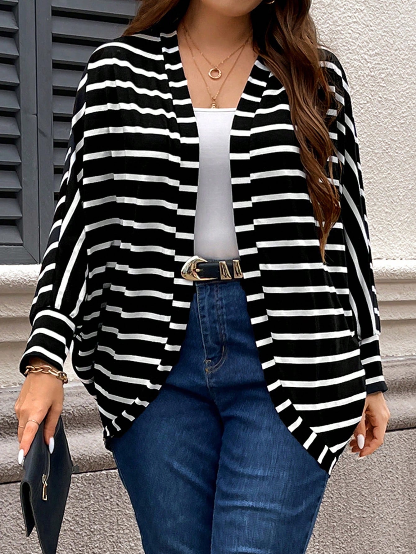 Plus Size Teacher Outfits Black And White Striped Bat Sleeves Irregular Hem Thin Coat Jacket For Autumn & Winter