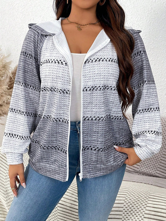 Gradient Color Pattern Zipper Hooded Plus Size Jacket