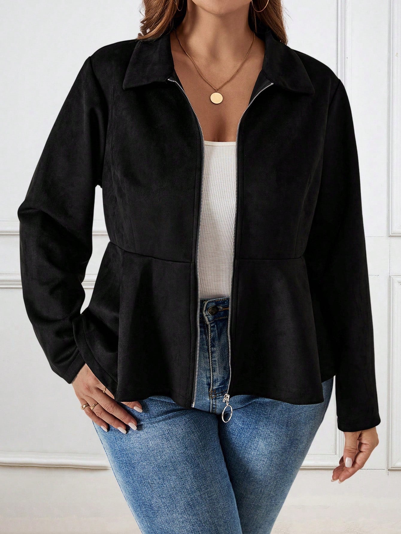 Plus-Size Black Suede Fall Jacket For Women