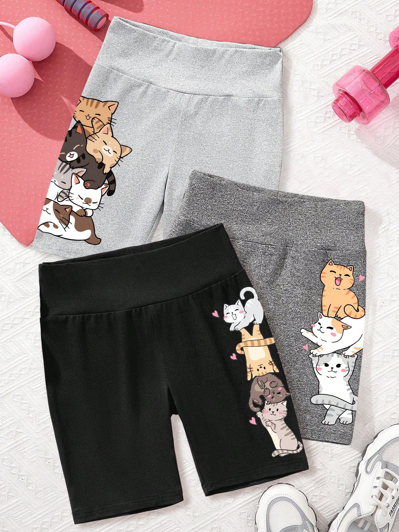 3pcs Lovely Cat Print Tween Girls' Casual Simple Mid-Length Leggings, Suitable For Spring And Summer