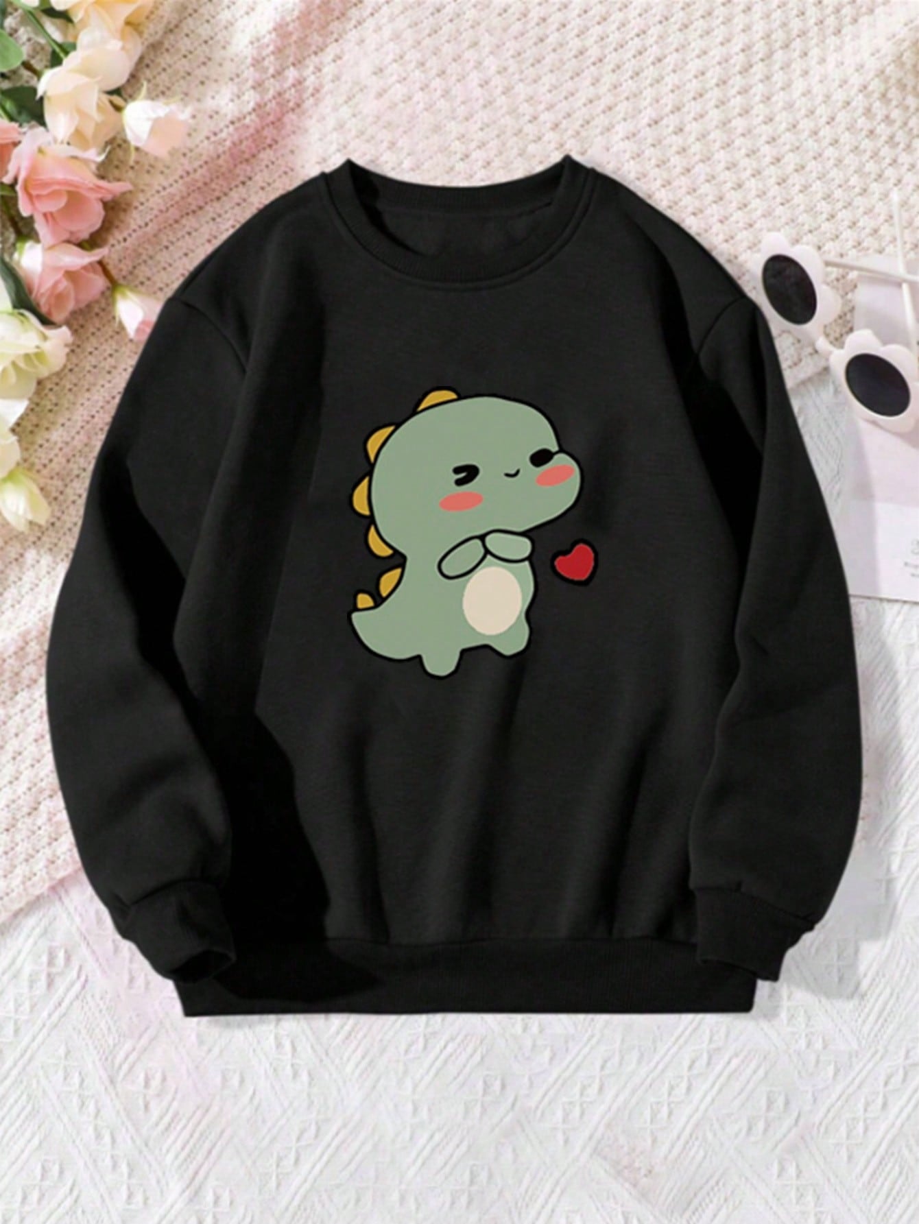 Tween Girl Casual Round Neck Pullover Fleece Sweatshirt With Simple Dinosaur Design, Fall/Winter