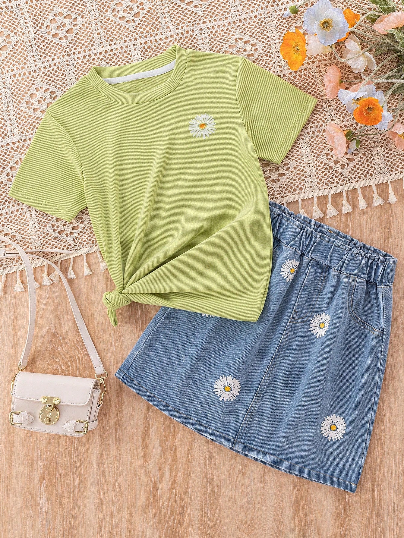 Tween Girl Daisy Printed T-Shirt & Denim Skirt 2pcs/Set