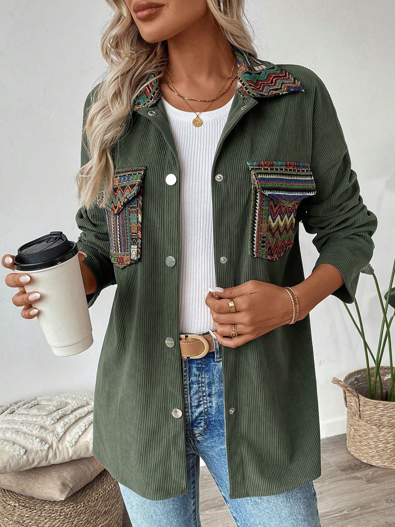 Casual Solid Color Corduroy Jacket For Spring & Autumn