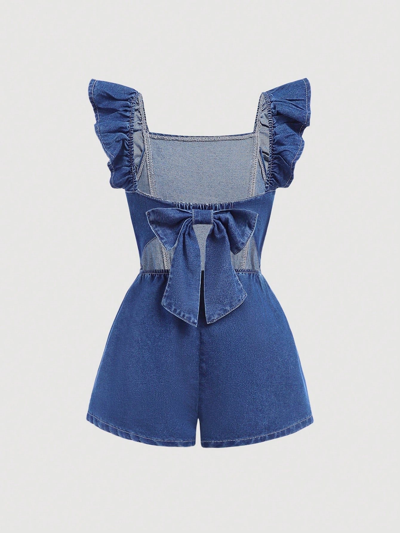 Tween Girls Summer Boho Trendy Backless Denim Playsuit With Cute Ruffle Hem And Bow Tie, Summer Beach Denim Romper