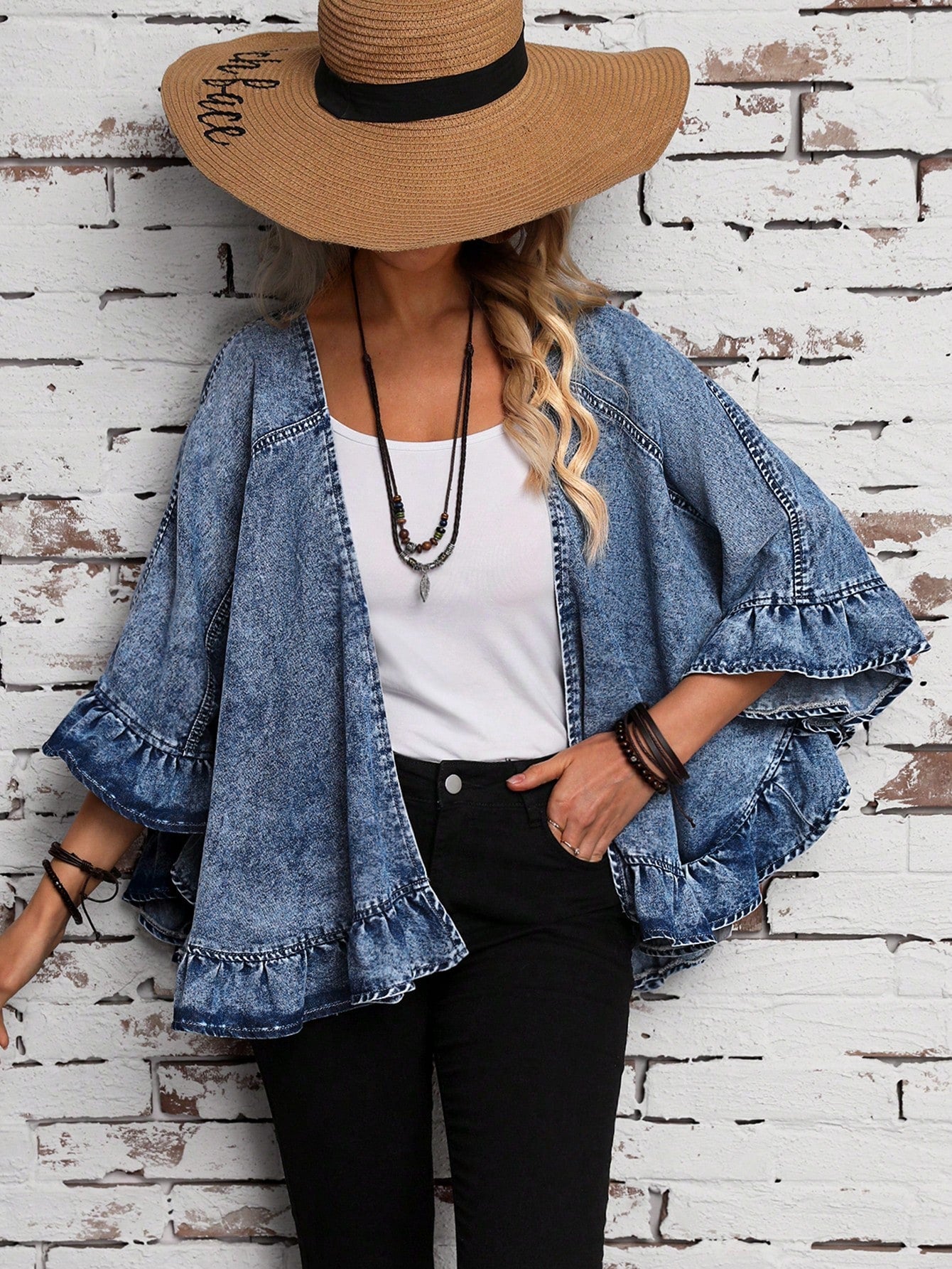 Women's Denim Jacket With Ruffle Edge Detail