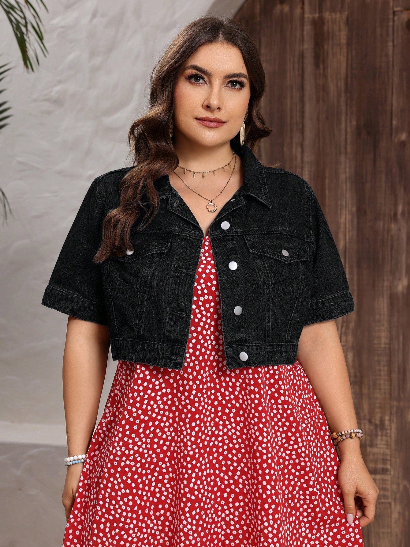 Plus Size Crop Sleeve Crop Denim Jacket For Vacation And Casual Wear