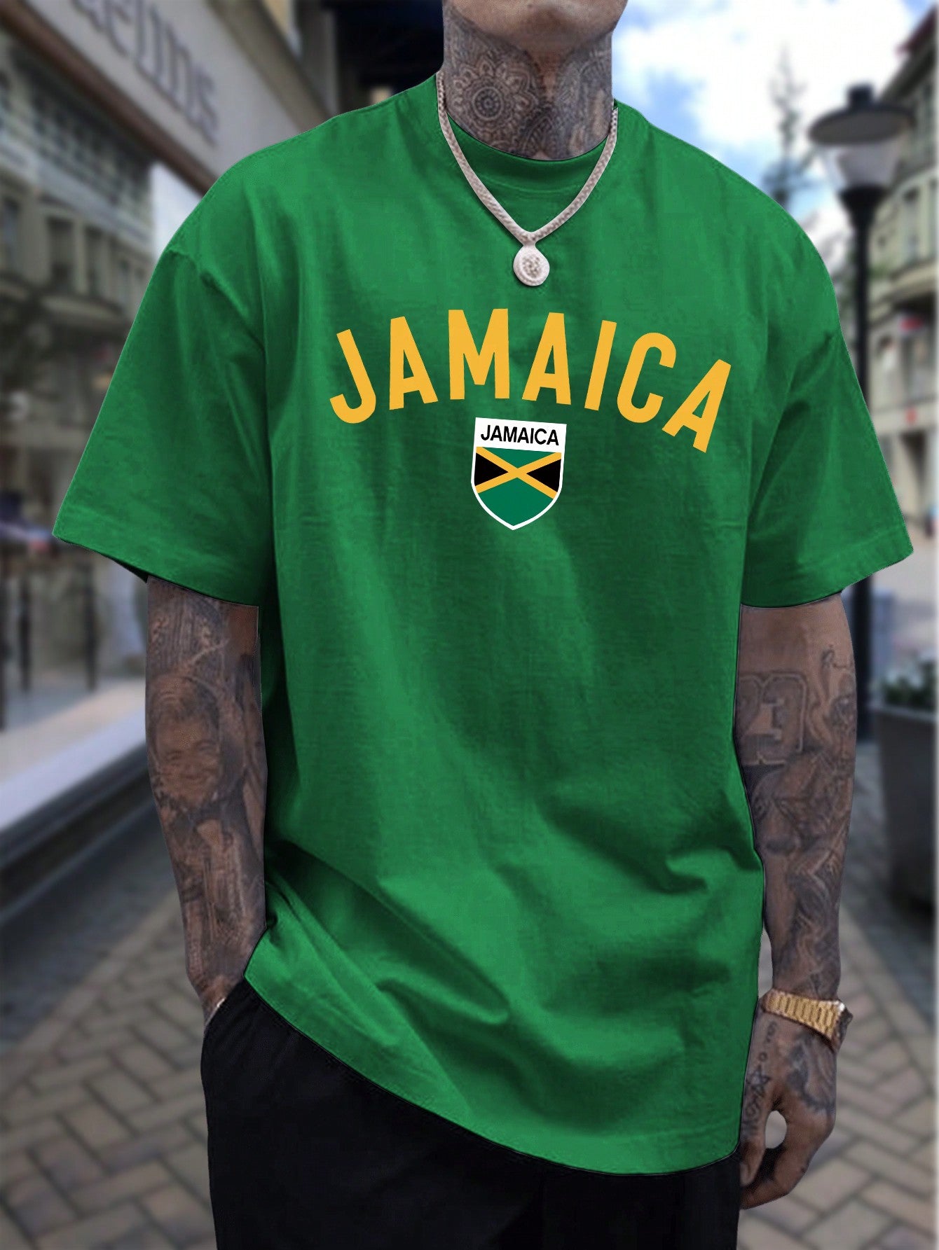 Men Plus Jamaica Letter Graphic  Drop Shoulder Oversized Tee For Summer