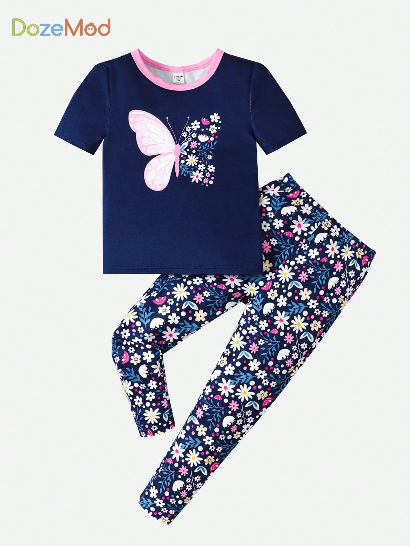 Young Girl Snug Fit Butterfly & Flower Pattern Color Block Short Sleeve Long Pants Knitted Pajama Set