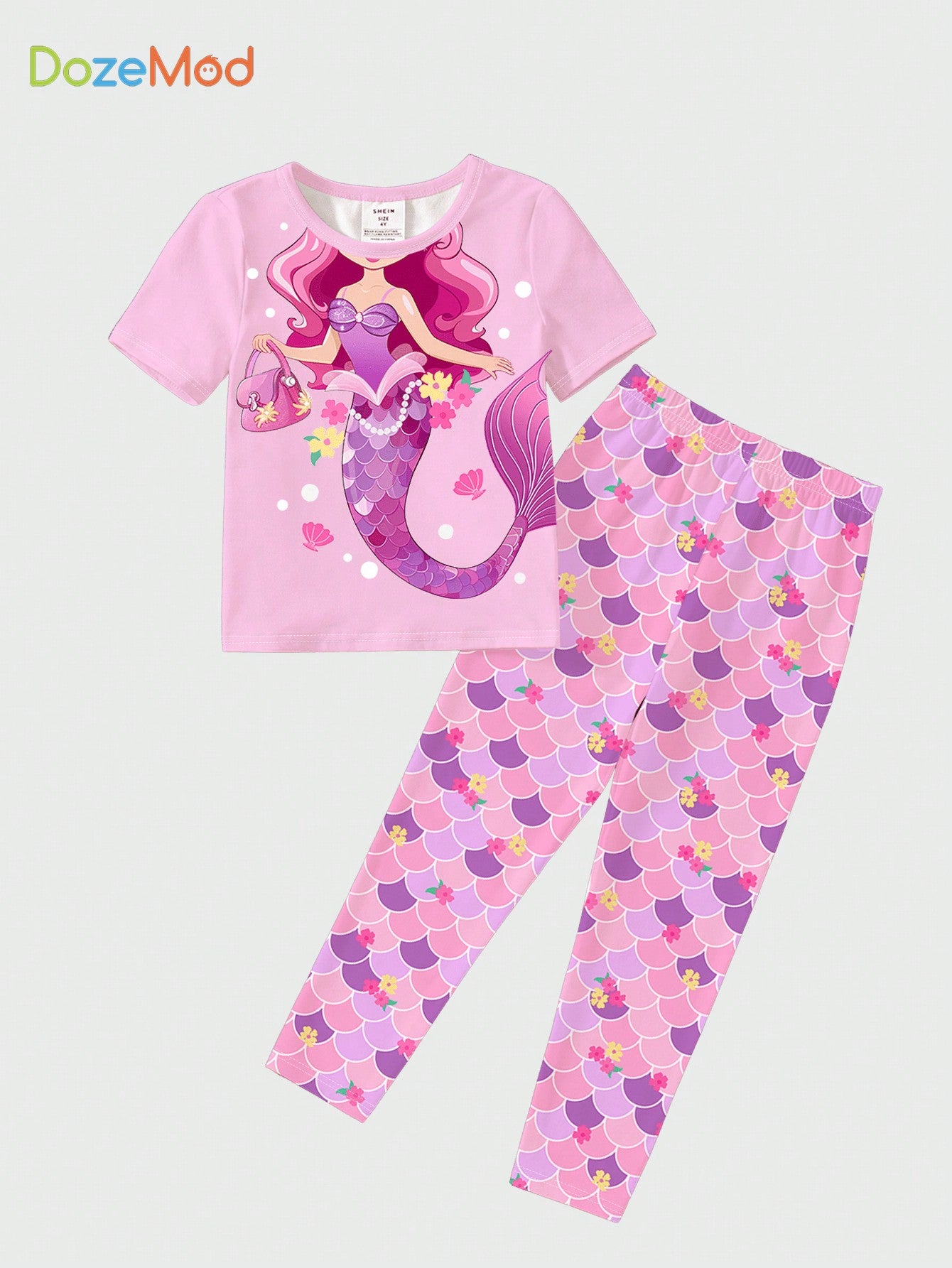 Young Girl Casual Mermaid Princess Cartoon Pattern Short Sleeve T-Shirt And Long Pants 2pcs Home Suit, Suitable For Spring And Summer, Snug Fit