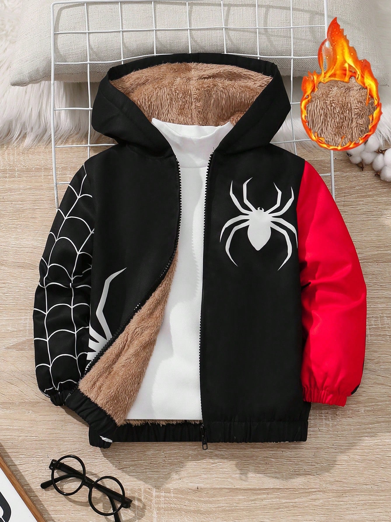 1pc Young Boys' Casual Black Spider Fleece Lined Hooded Jacket, Suitable For Travel, School, Daily Gathering, Autumn/Winter