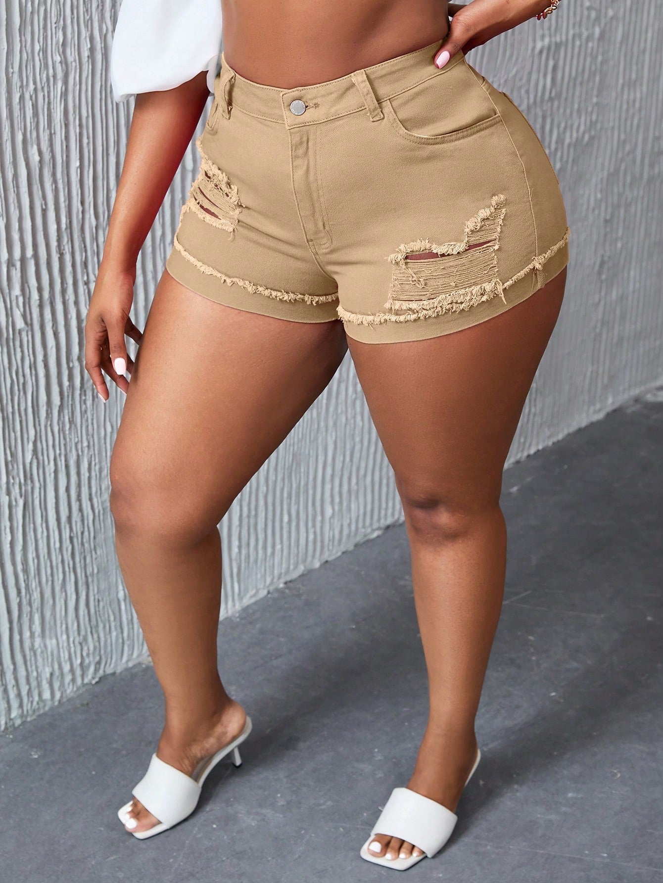 Plus Size Summer Solid Color Distressed Denim Shorts With Pockets And Button Closure