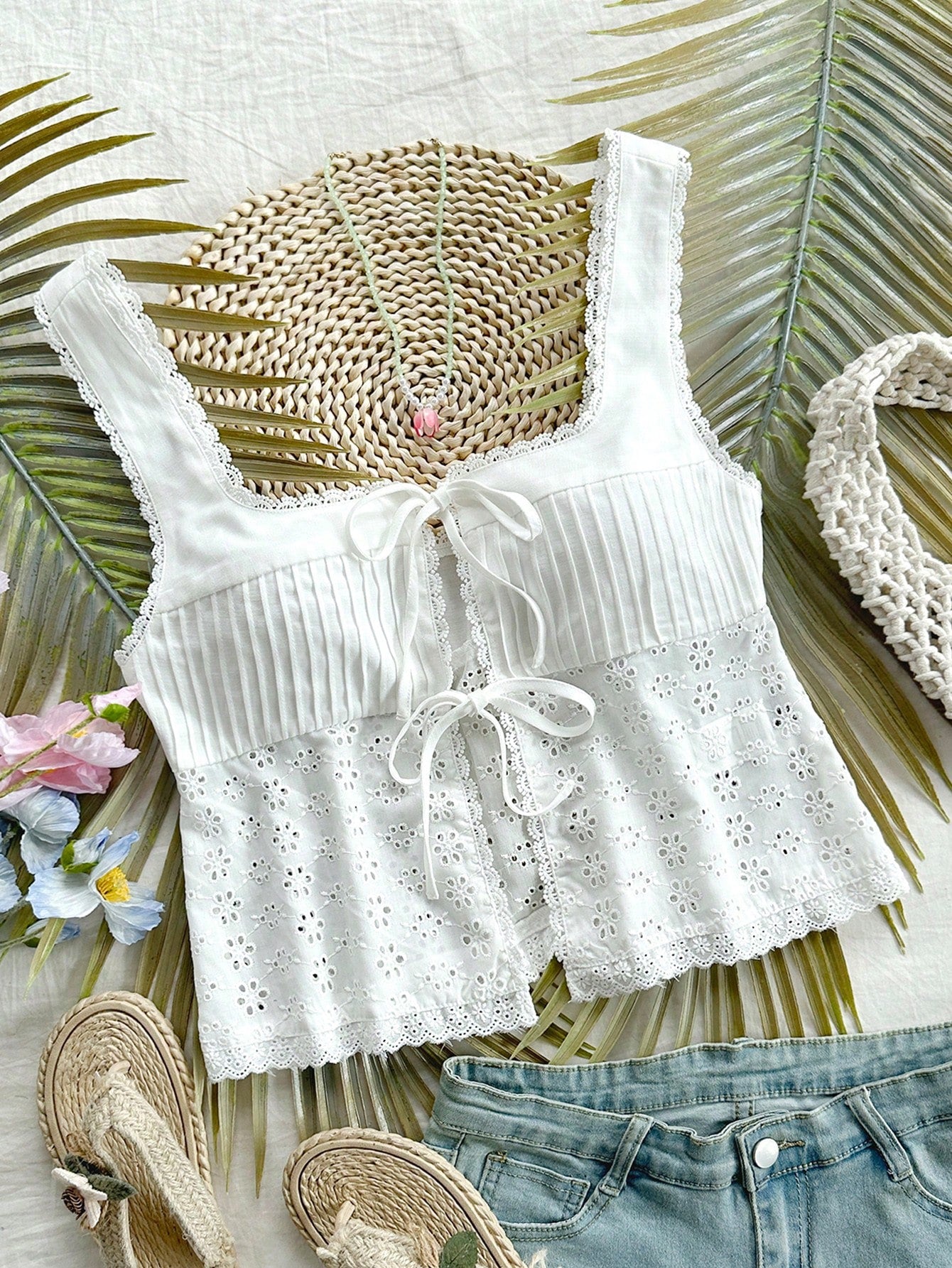 Women's Romantic Lace Patchwork Bow Tie Front Crop Top, White, Cute Casual Lunch/Outing/Party Wear, Can Be Worn Tucked In Or Oversized