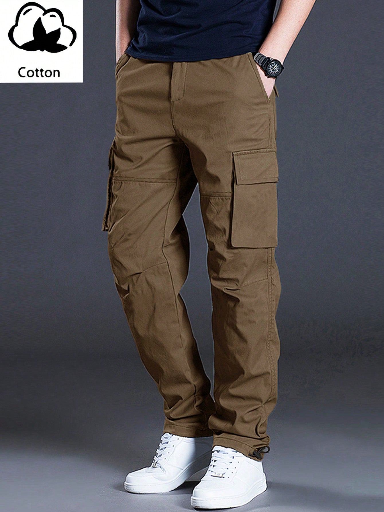 Men's Casual Solid Color Cargo Pants With Flap Pockets And Drawstring Waist