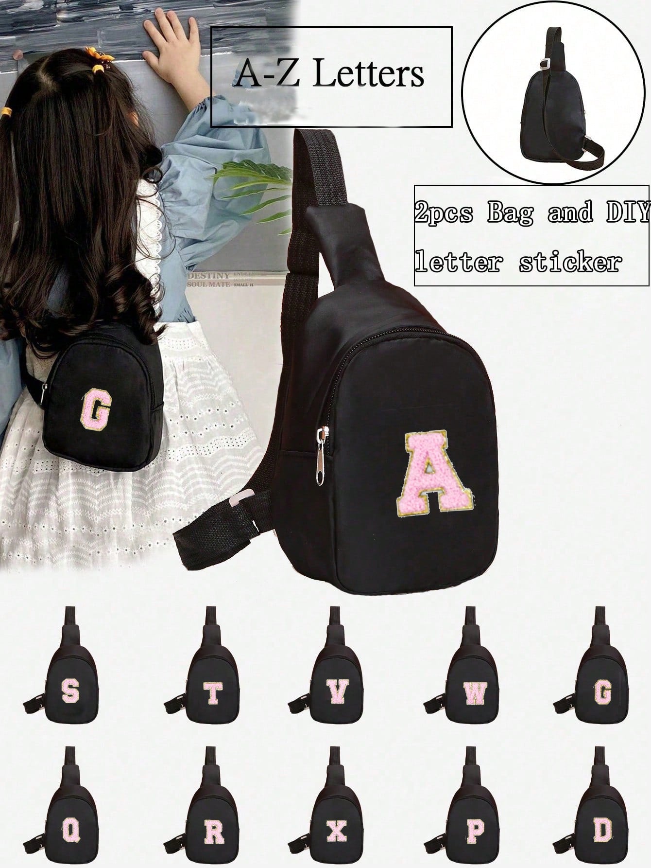 2pcs Boys And Girls Nylon Zipper Close Stylish Letter Chest Bag, All-In-One Casual Bag Suitable For Everyday Use(Alphabet Diy Handmade Bag!!!)