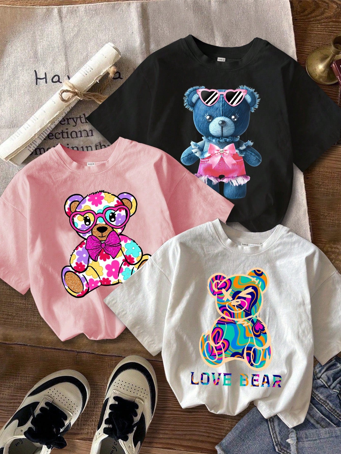 Summer Short Sleeve Round Neck Tops For Tween Girls, Multiple Cartoon , Letter And Bear Patterns, Funny T-Shirts In White, Pink And Black, Suitable For Summer