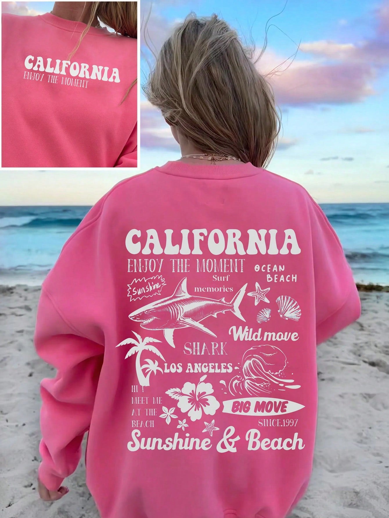 Beach Pattern & Ocean Creatures Print Casual Round Neck Casual Long Sleeve Sweatshirt For Women