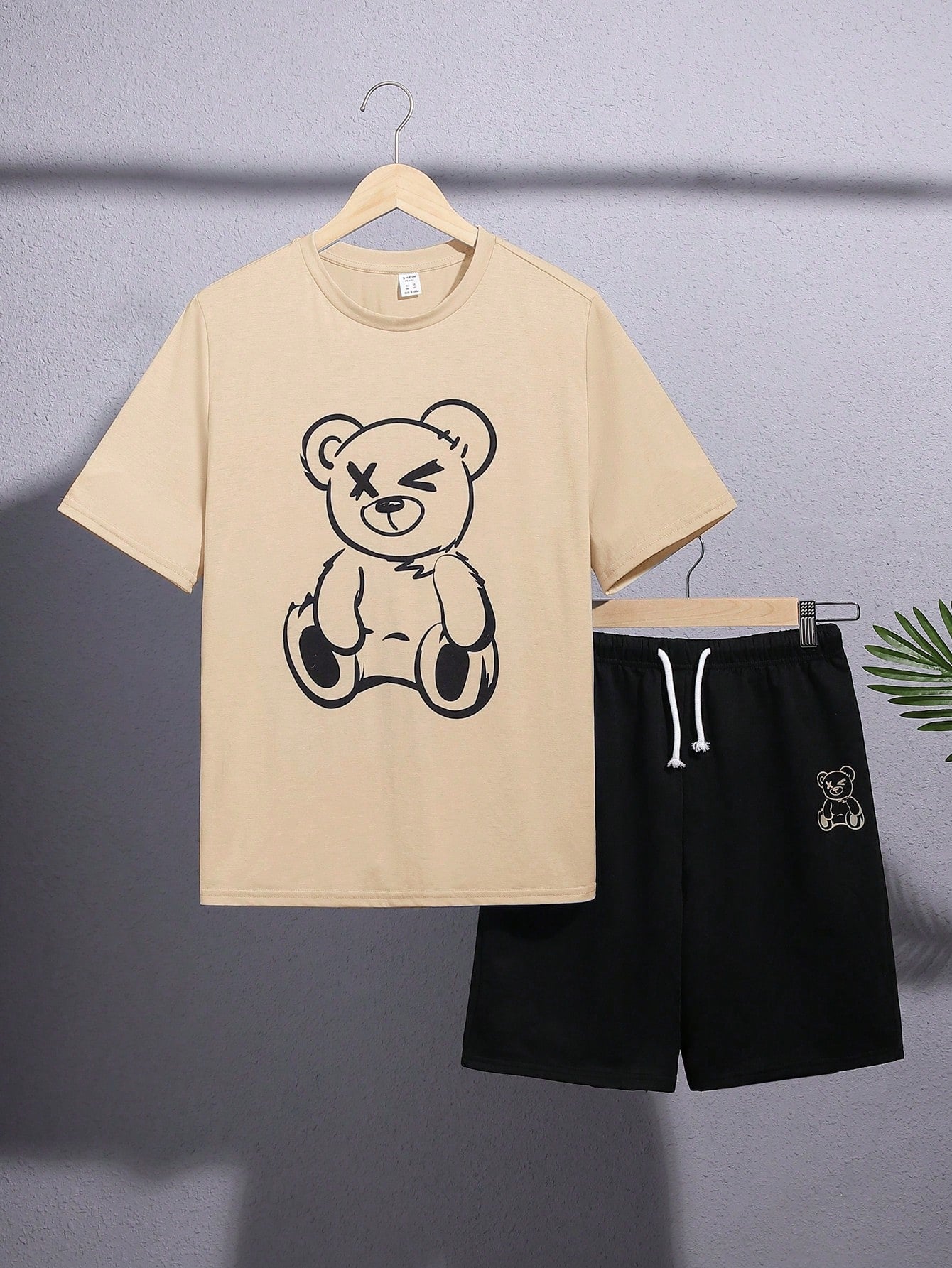 Teen Boy Casual Bear Printed Round Neck Short Sleeve T-Shirt And Shorts Knit 2pcs Set