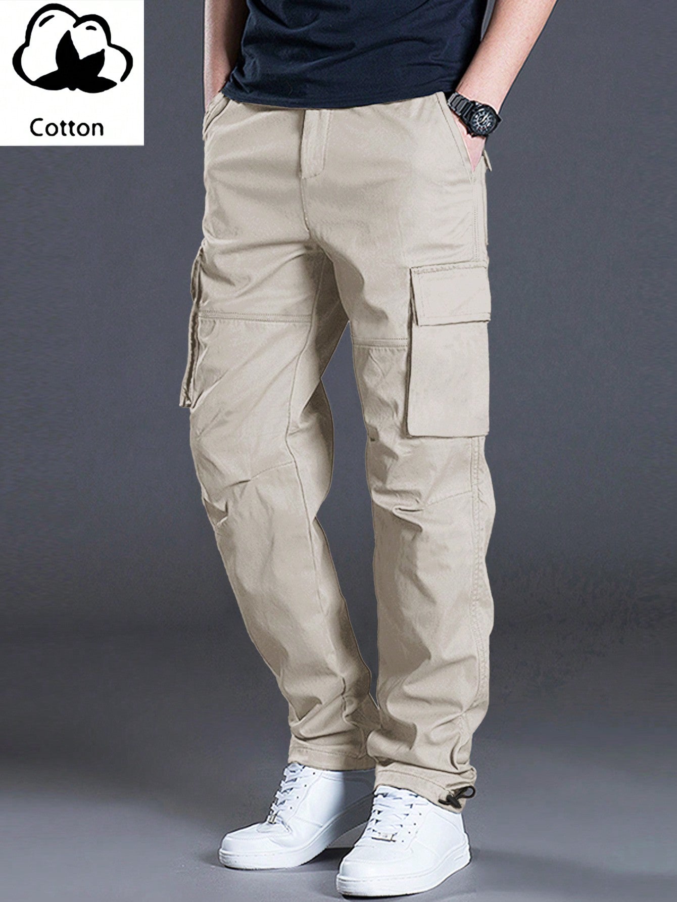 Men's Casual Solid Color Cargo Pants With Flap Pockets And Drawstring Waist