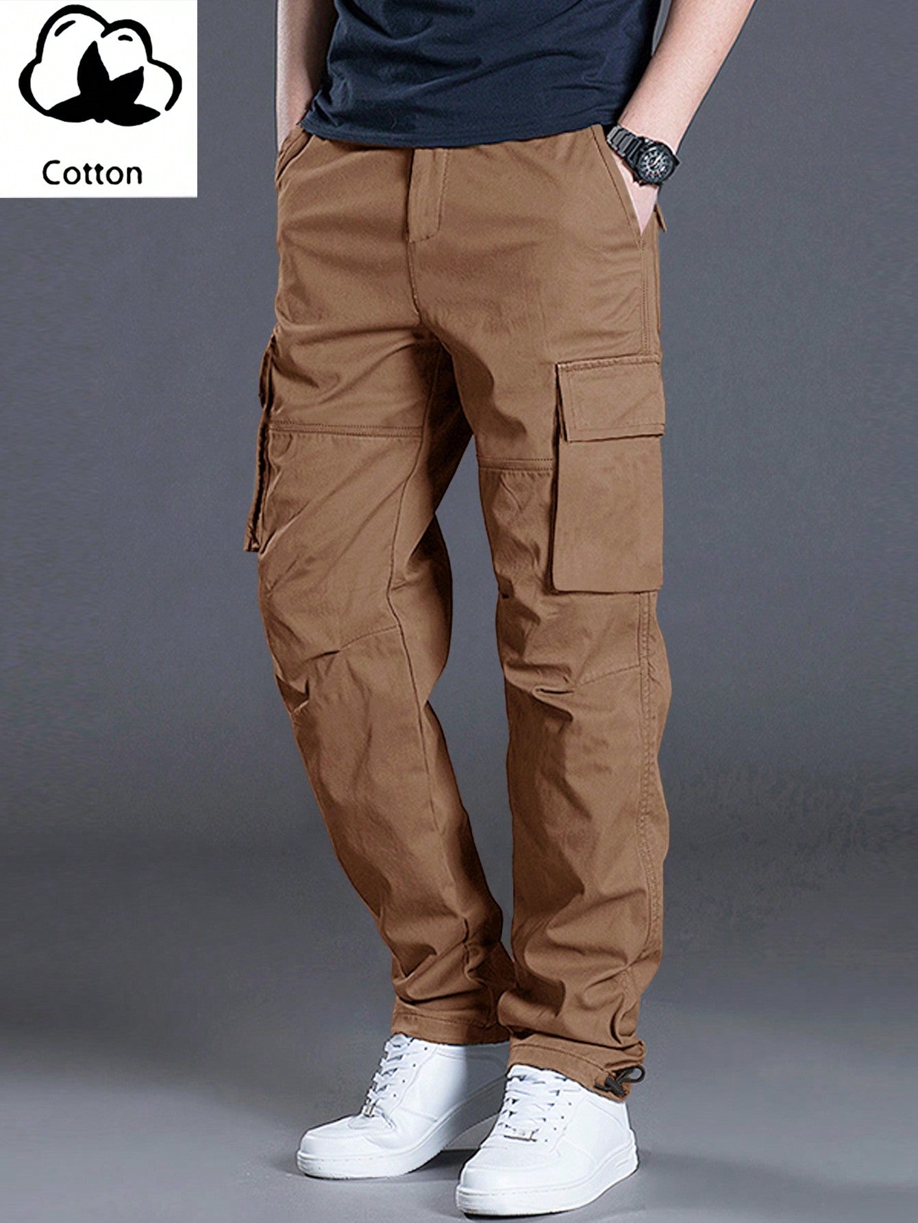 Men's Casual Solid Color Cargo Pants With Flap Pockets And Drawstring Waist