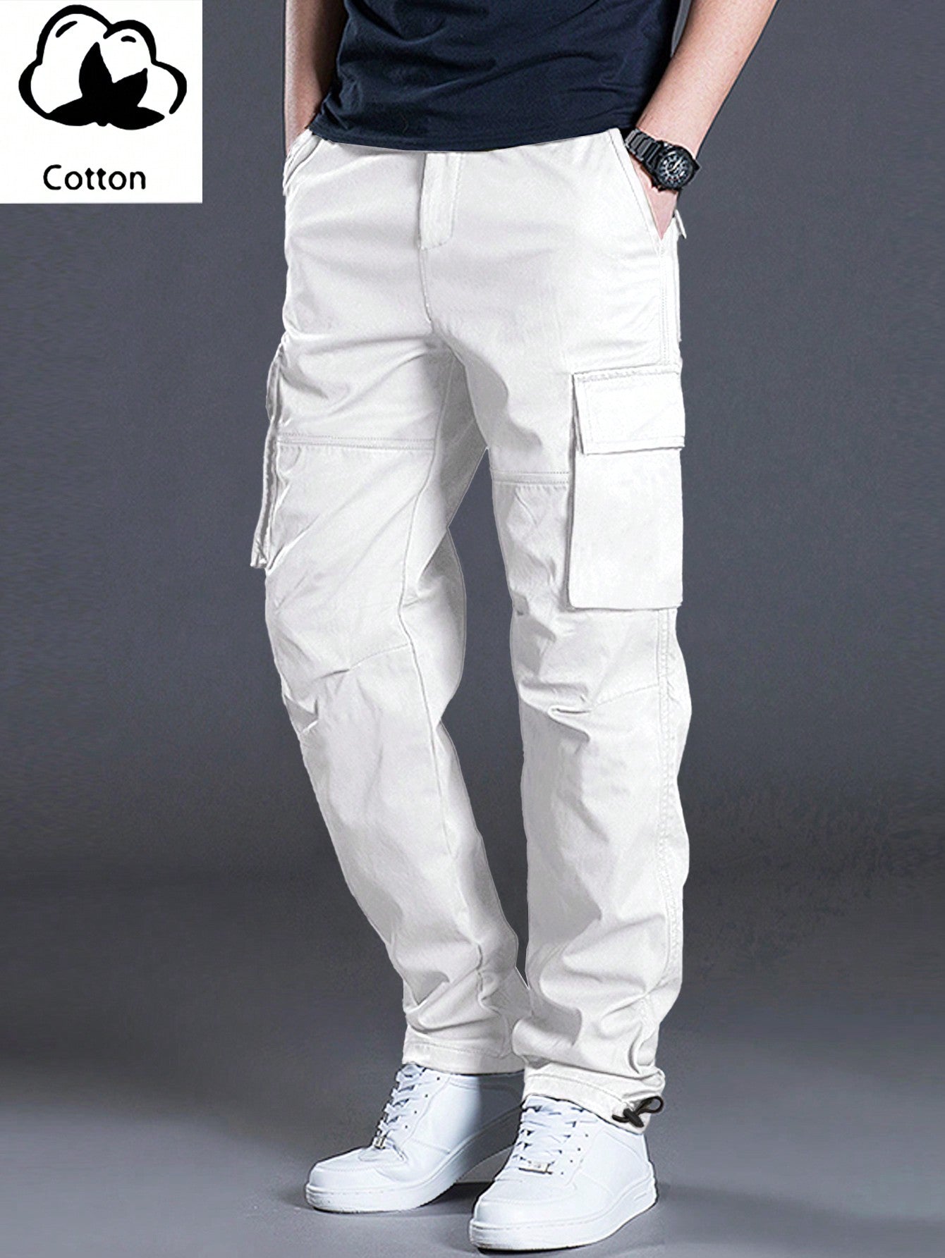 Men's Casual Solid Color Cargo Pants With Flap Pockets And Drawstring Waist