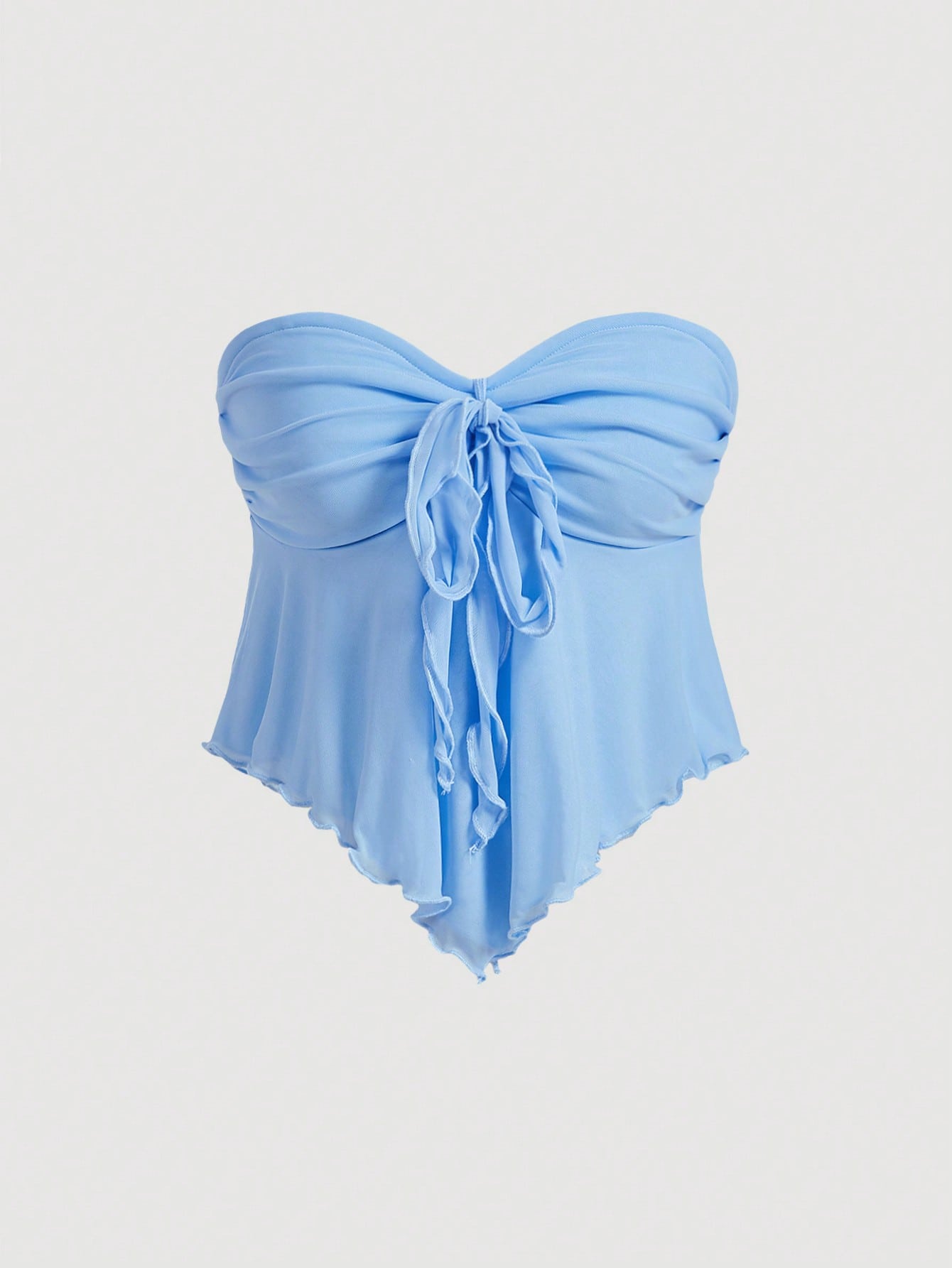 Women's V-Shaped Hem Mesh Strapless Top With Bow Belt