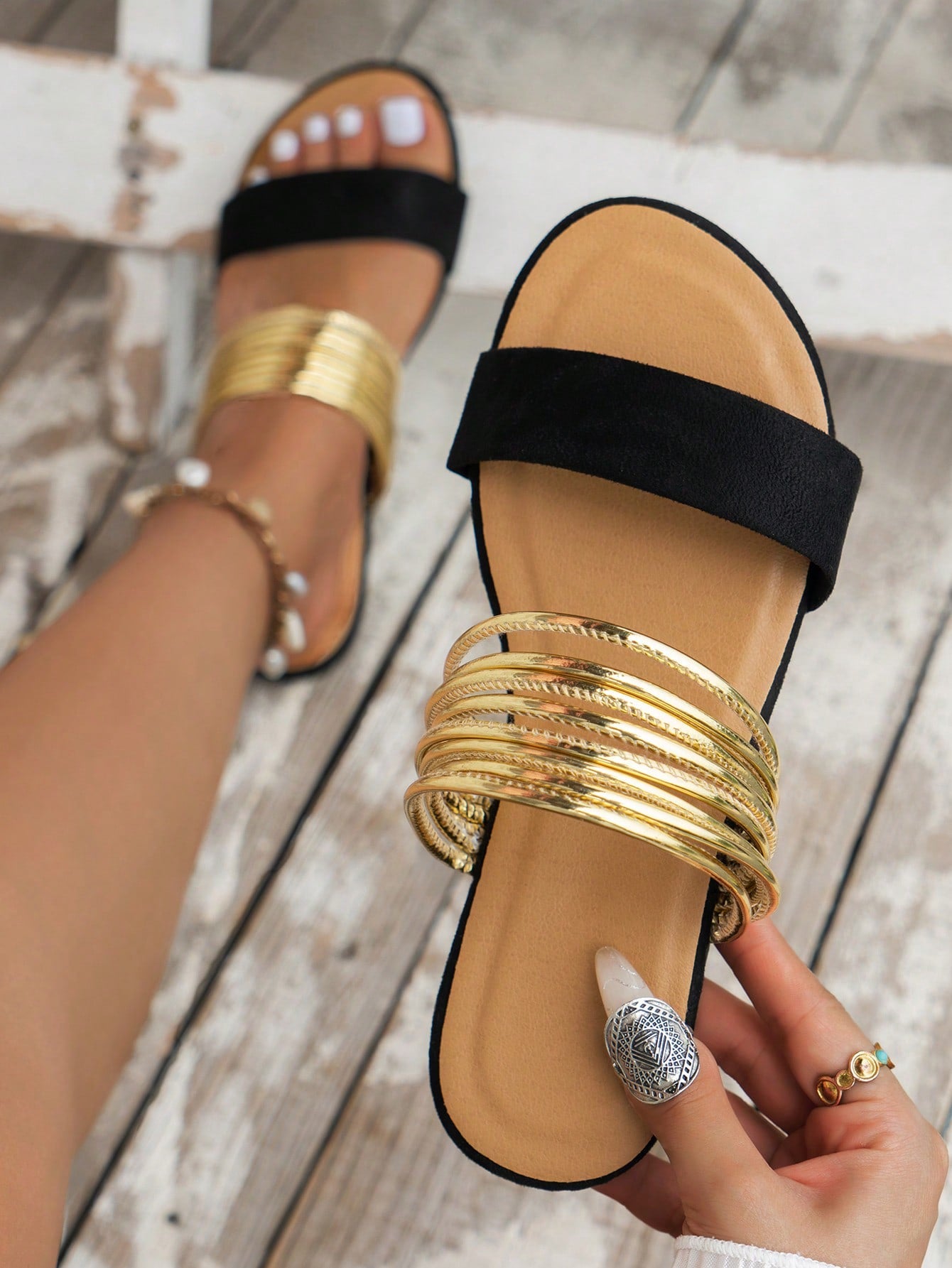 Summer New Roman Style Flat Sandals For Girls, Golden Cross Straps Slipper