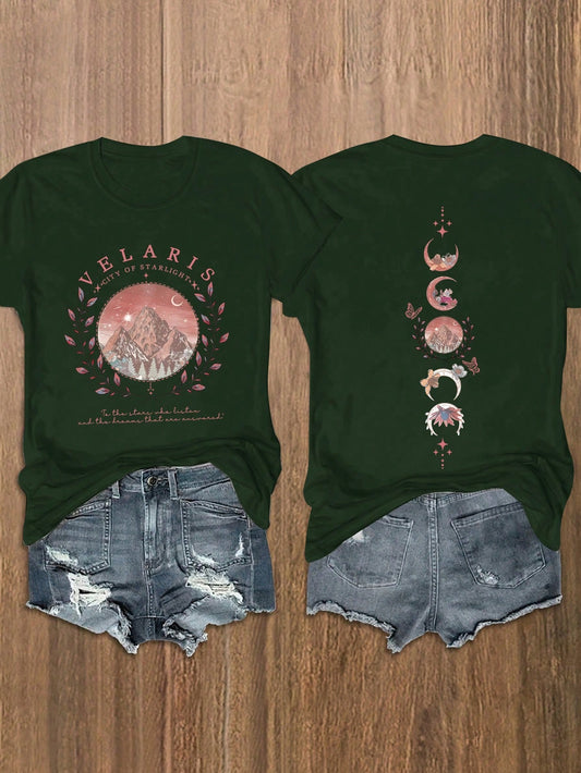 Plus Size Vintage Art Landscape With Stars, Moon And Mountains Heat Transfer Print Short Sleeve T-Shirt CITY OF STARLIGHT