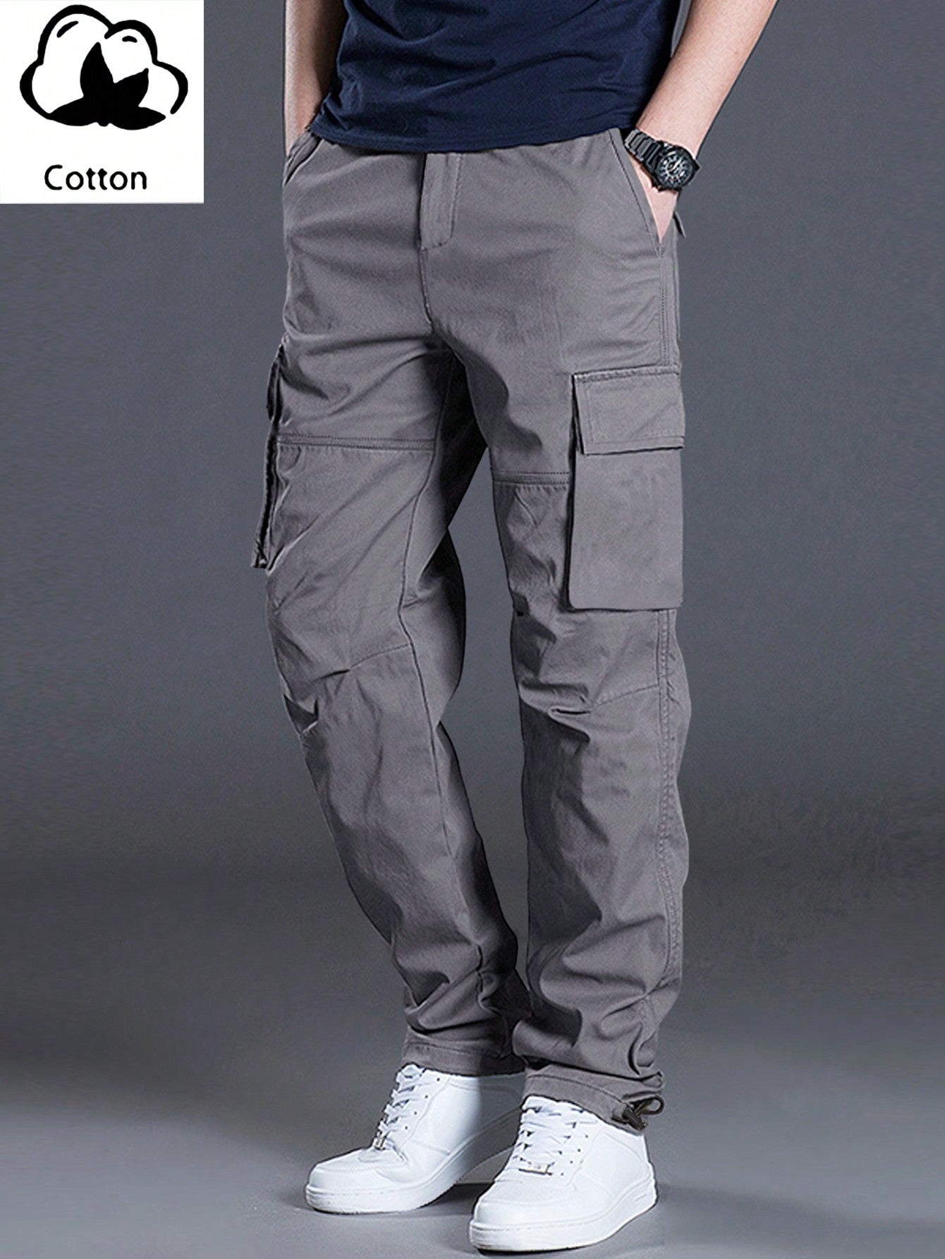 Men's Casual Solid Color Cargo Pants With Flap Pockets And Drawstring Waist