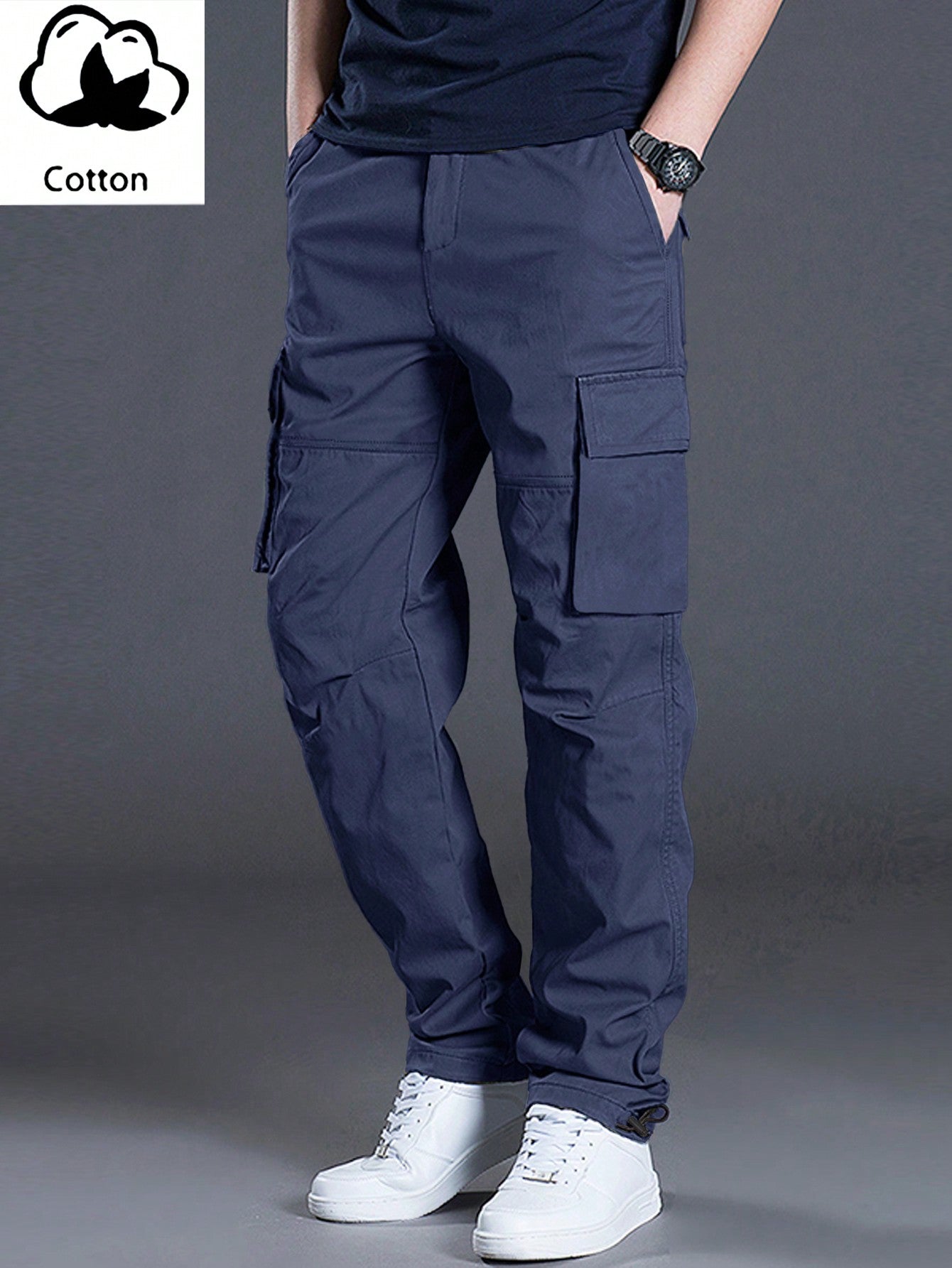 Men's Casual Solid Color Cargo Pants With Flap Pockets And Drawstring Waist