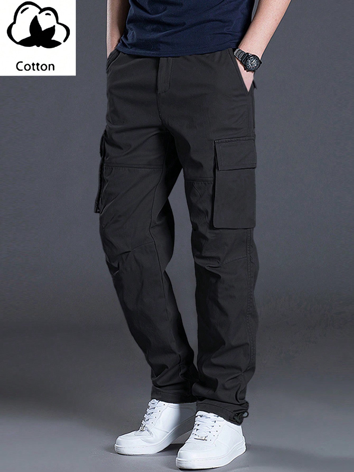 Men's Casual Solid Color Cargo Pants With Flap Pockets And Drawstring Waist