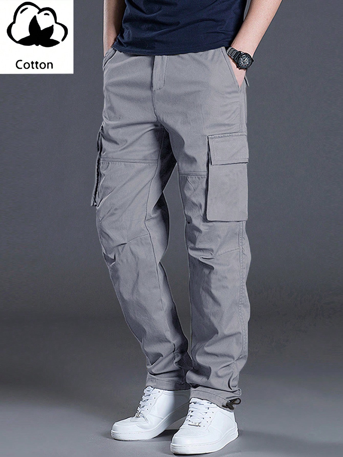 Men's Casual Solid Color Cargo Pants With Flap Pockets And Drawstring Waist