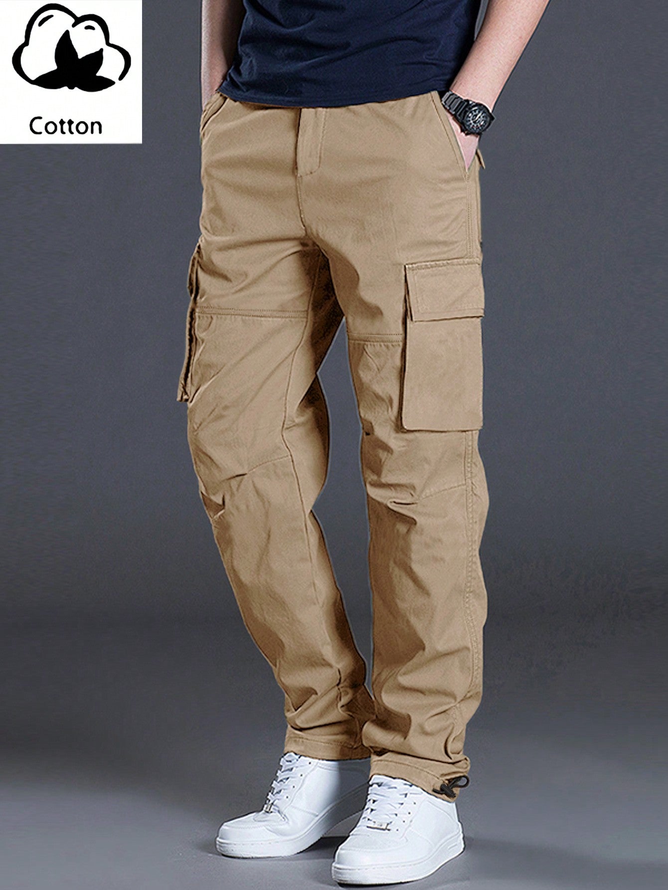 Men's Casual Solid Color Cargo Pants With Flap Pockets And Drawstring Waist