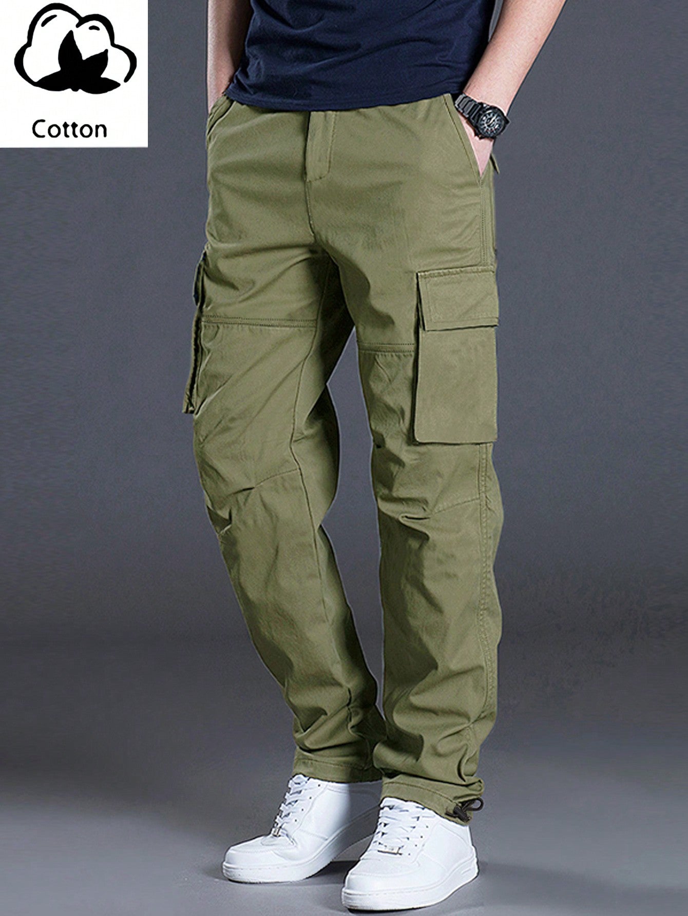 Men's Casual Solid Color Cargo Pants With Flap Pockets And Drawstring Waist