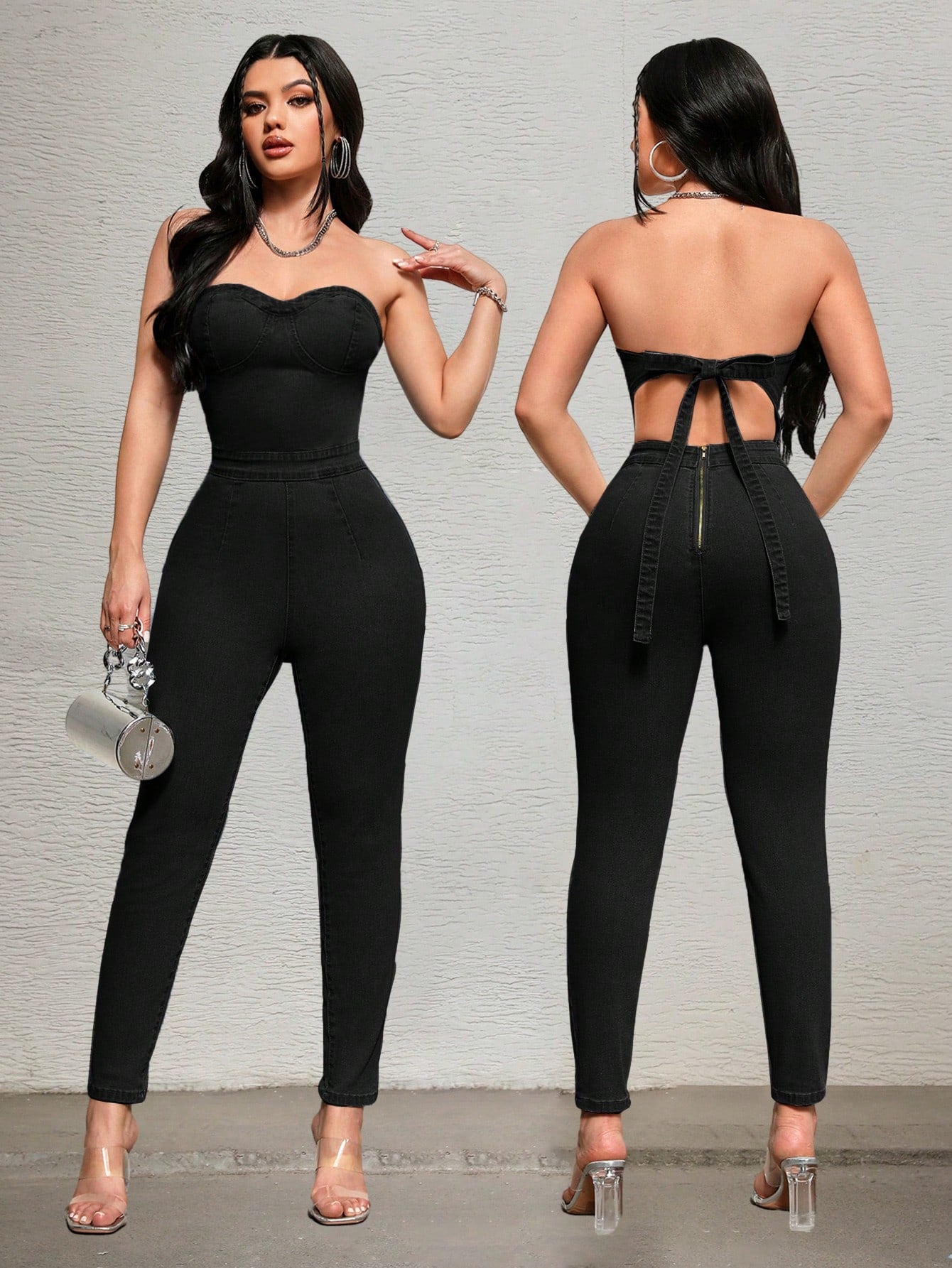 Women's Tight-Fitting Denim Jumpsuit With Strapless Design