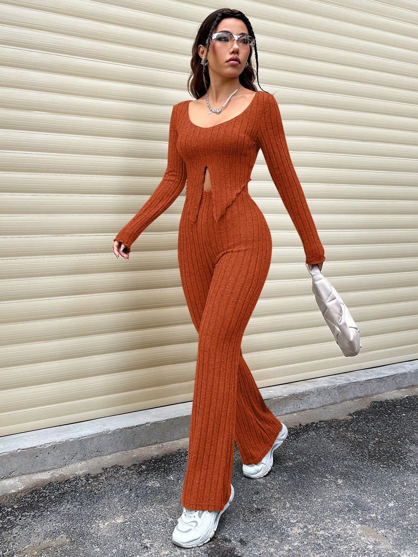 Women's Long Sleeve Ribbed T-Shirt And Pants Set With Split Hem Design