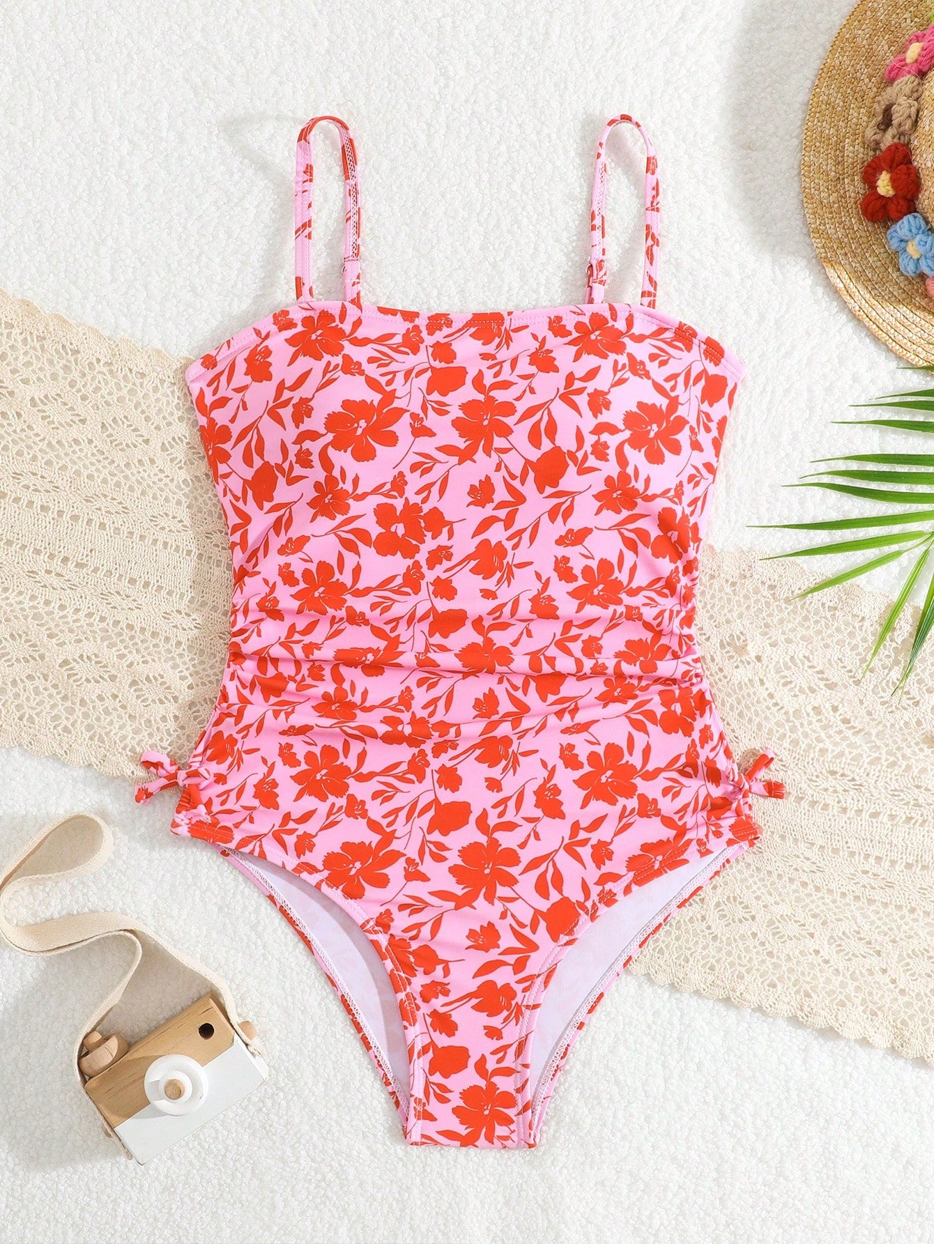 Tween Girl Random Simple Printed One-Piece Swimsuit With Shoulder Straps