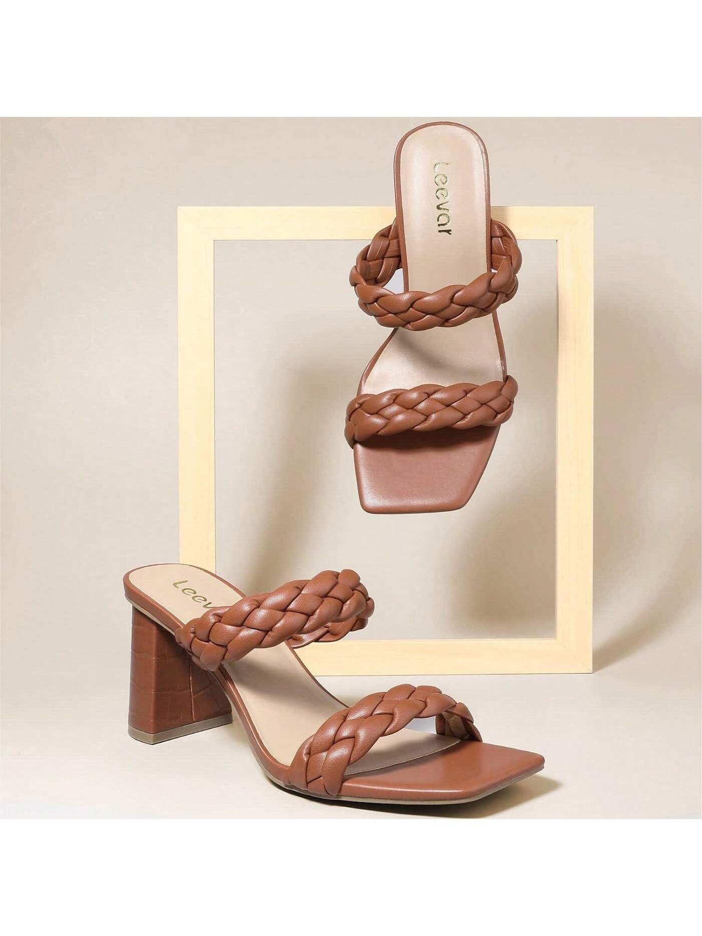 Stylish Square Toe Braided Heels For Women - Nude Black White Tan Womens Braided Block Heel Sandals - 3 Inches Woven Chunky Heels - Order 1/2 To 1 Size Up