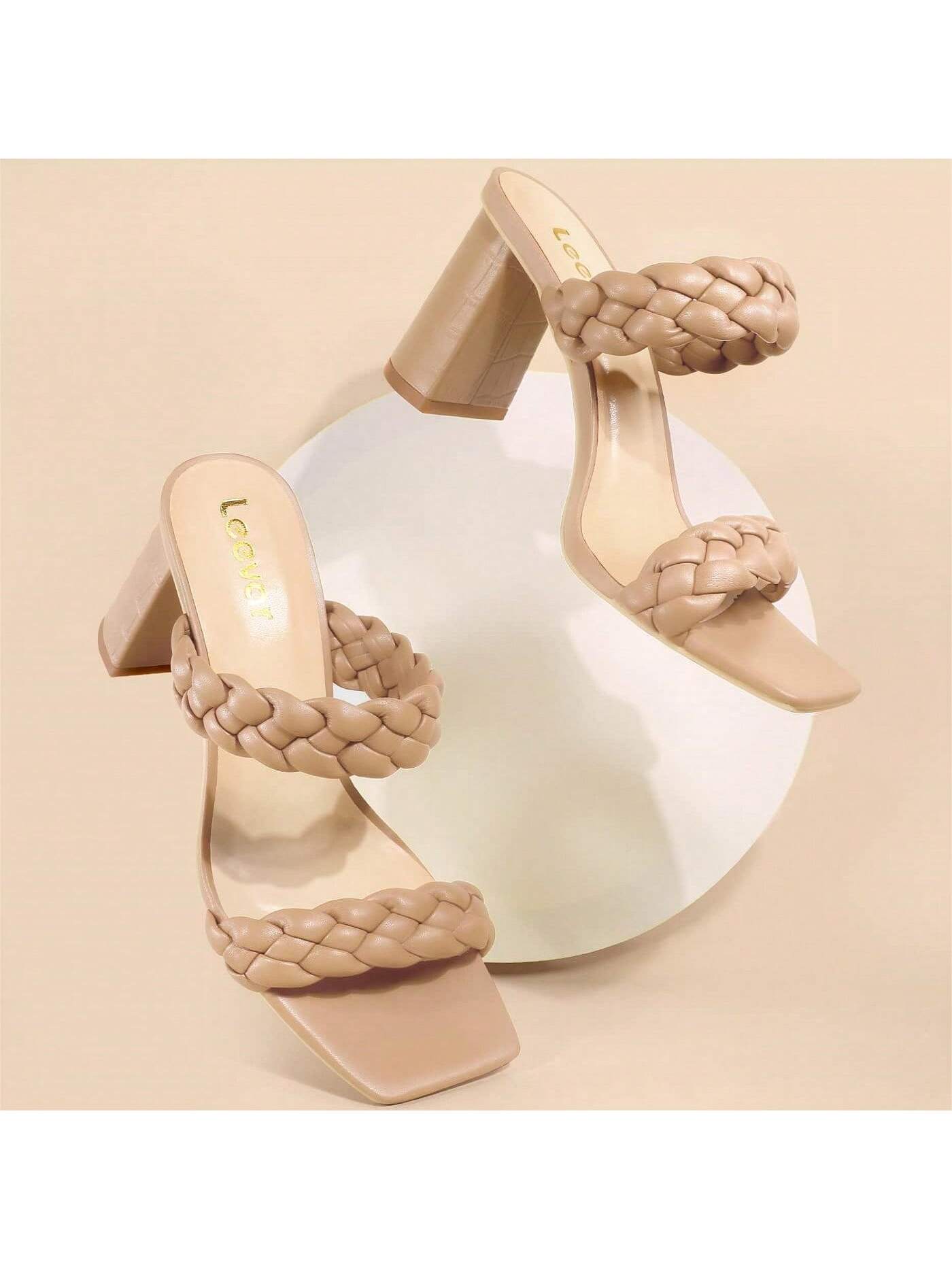 Stylish Square Toe Braided Heels For Women - Nude Black White Tan Womens Braided Block Heel Sandals - 3 Inches Woven Chunky Heels - Order 1/2 To 1 Size Up