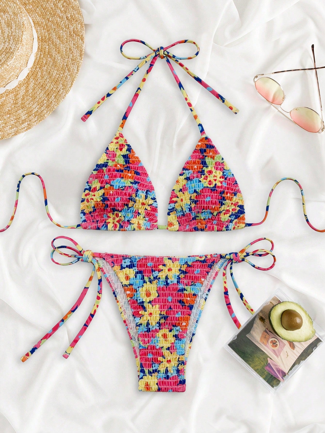 Swim Mod Summer Beach Random Floral Print Bikini Set Smocked Halter Triangle Bra Top & Tie Side Bikini Bottom 2 Pieces Bikini