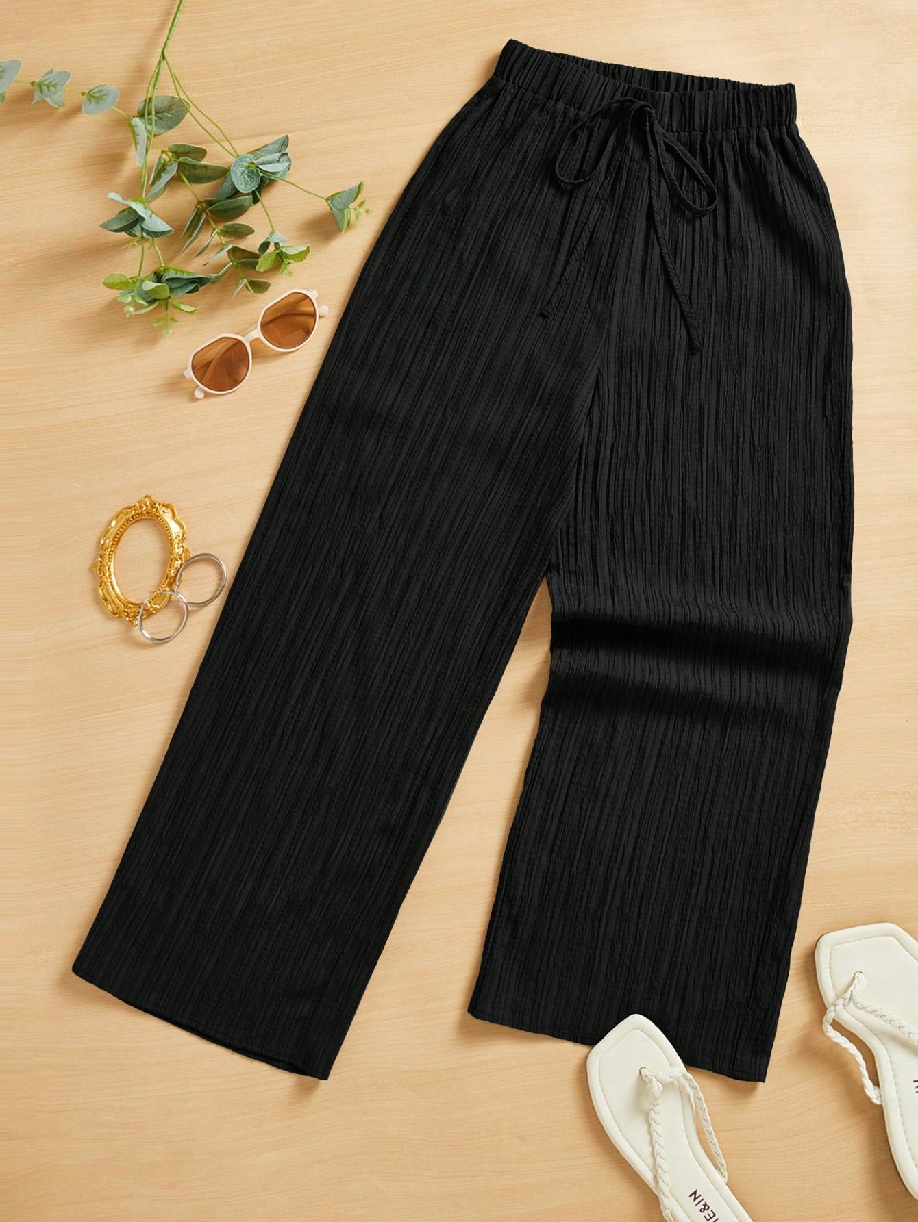 Summer Casual Textured Wide-Leg Capri Pants