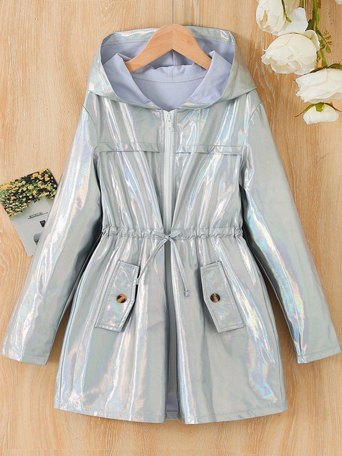 Tween Girls Holographic Drawstring Waist Hooded Coat