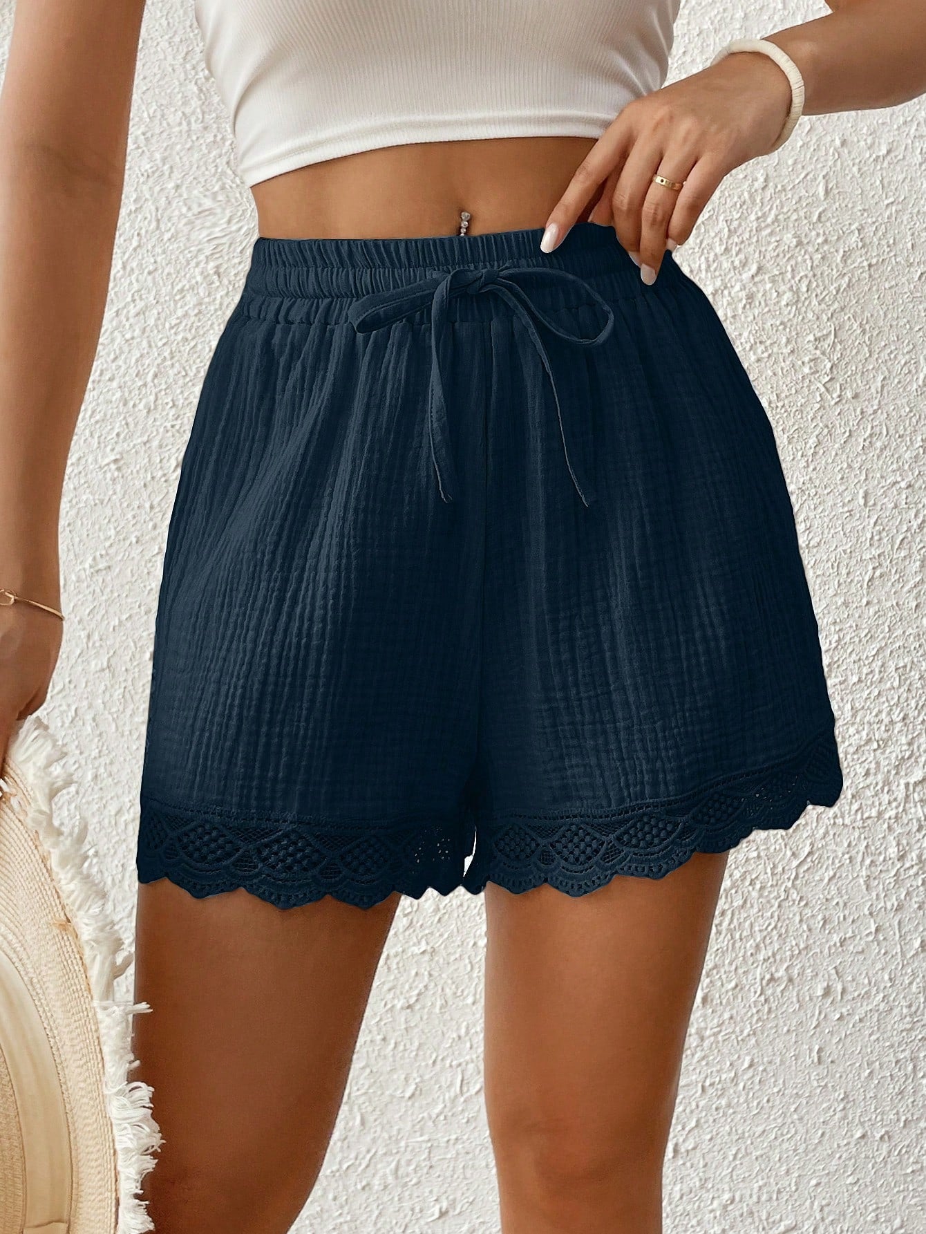 Feminine Lace Patchwork Drawstring Waist Shorts For Women