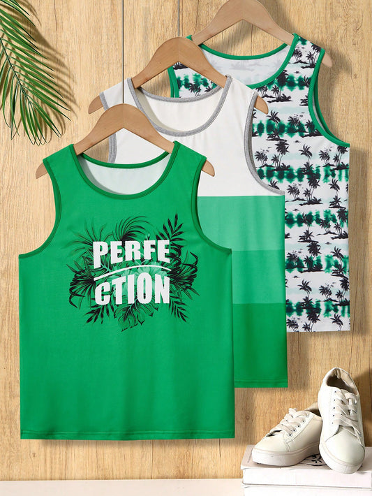 Tween Boys' Summer Palm Tree Printed Vest 3pcs Set