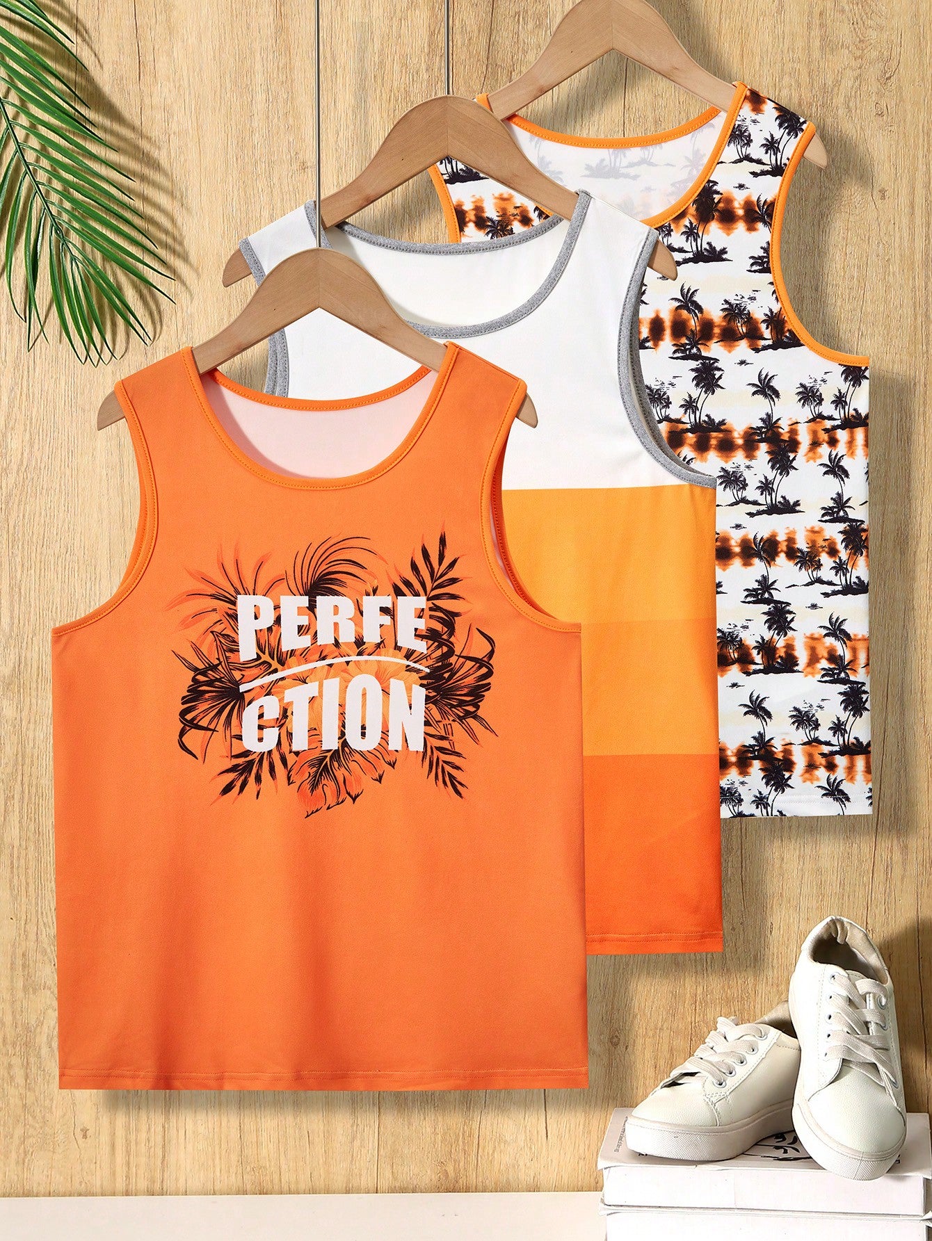 Tween Boys' Summer Palm Tree Printed Vest 3pcs Set