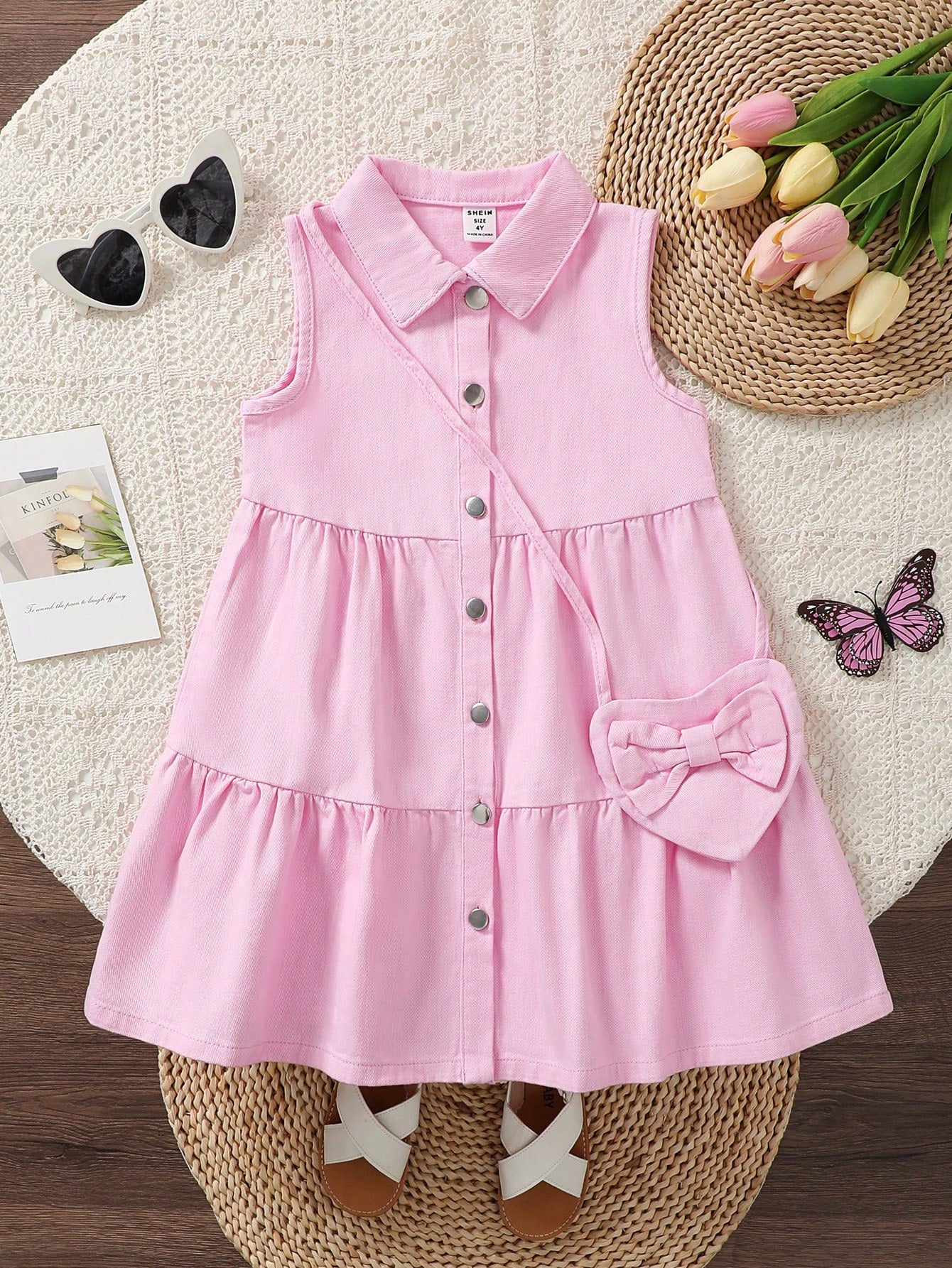 Girls' Casual Sleeveless Turn-Down Collar Dress With Bag