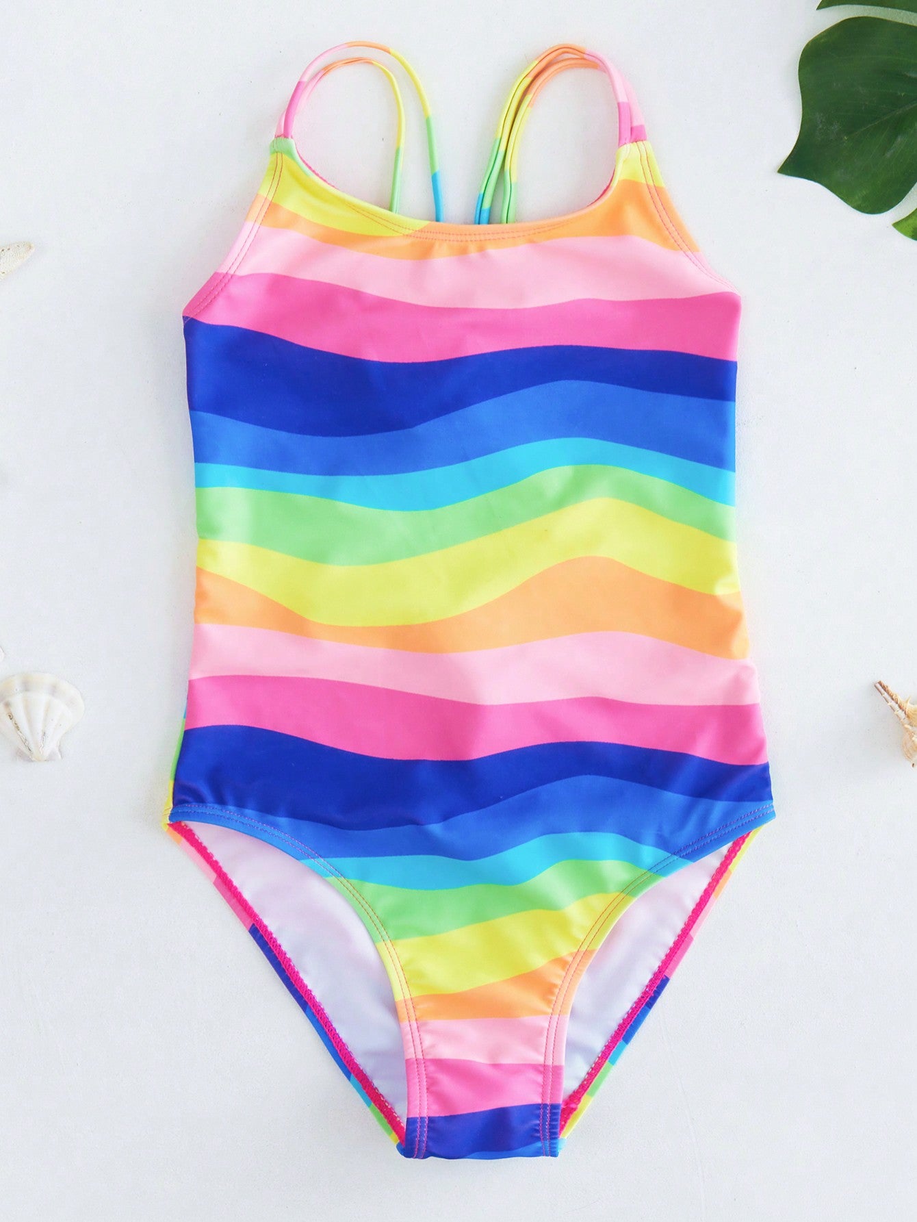 Rainbow Wave Striped Fashionable Backless Tankini Swimsuit For Tween Girls