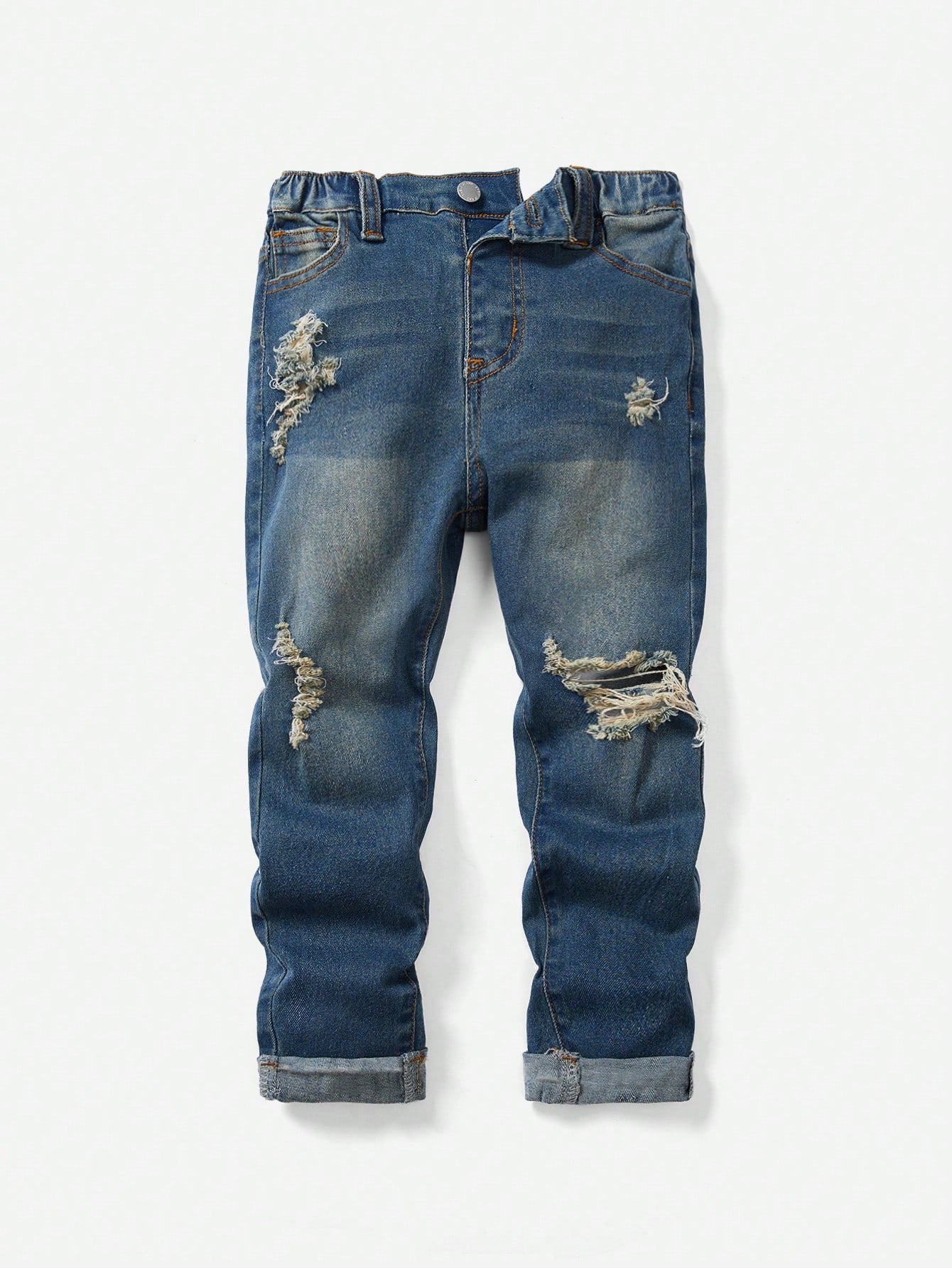 Young Boy Elastic Waist Distressed Straight Leg Jeans With Pockets