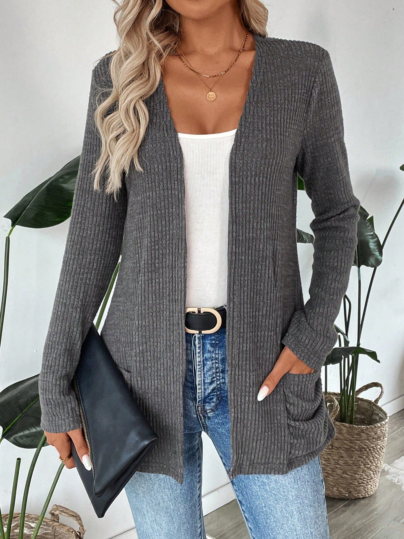 Dual Pocket Open Front Ribbed Knit Coat