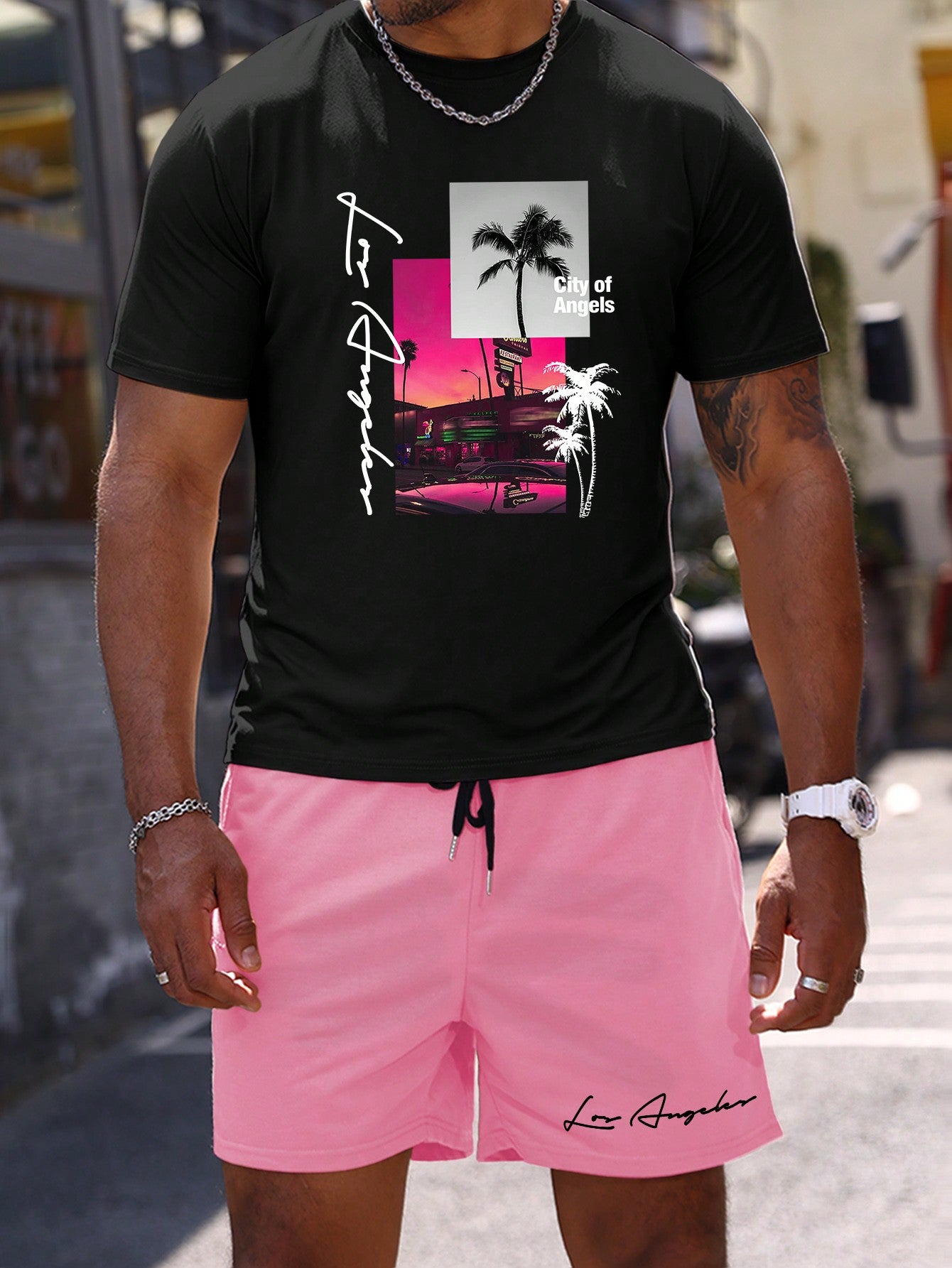 Men Plus Size Summer Round Neck Landscape Print Short Sleeve T-Shirt And Drawstring Pocket Shorts Two-Piece Set